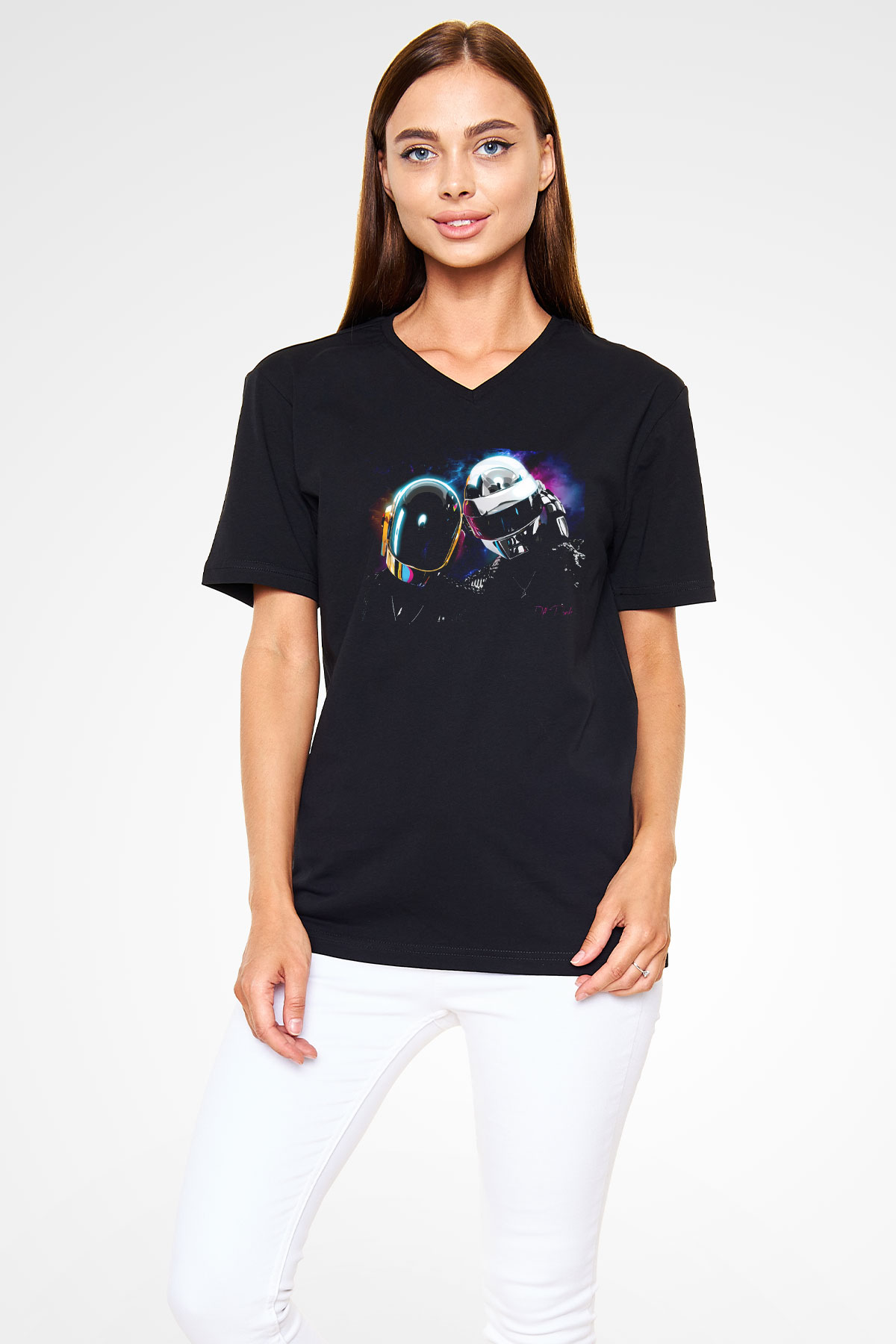 Daft Punk Siyah Unisex V Yaka Tişört