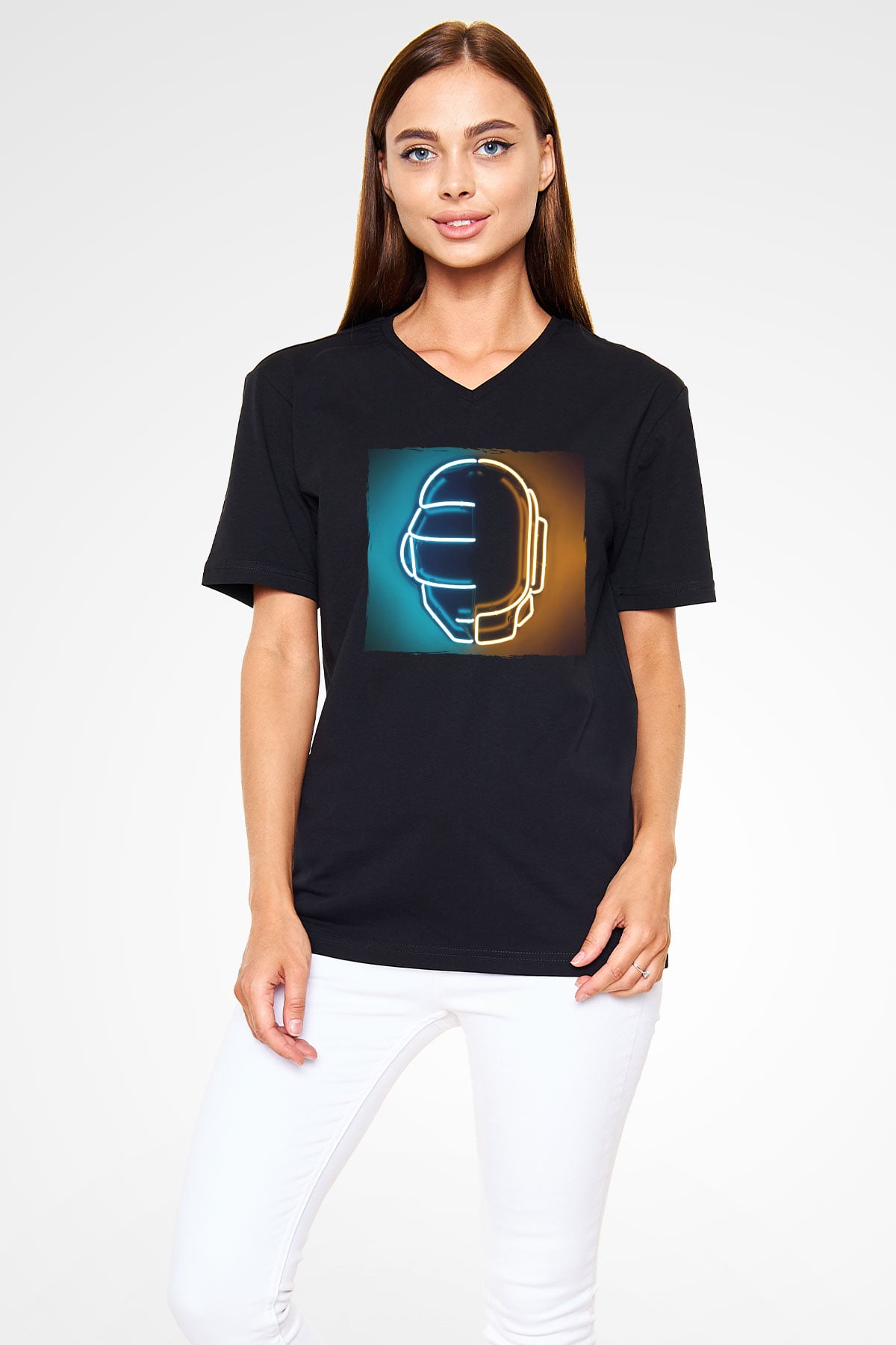Daft Punk Siyah Unisex V Yaka Tişört