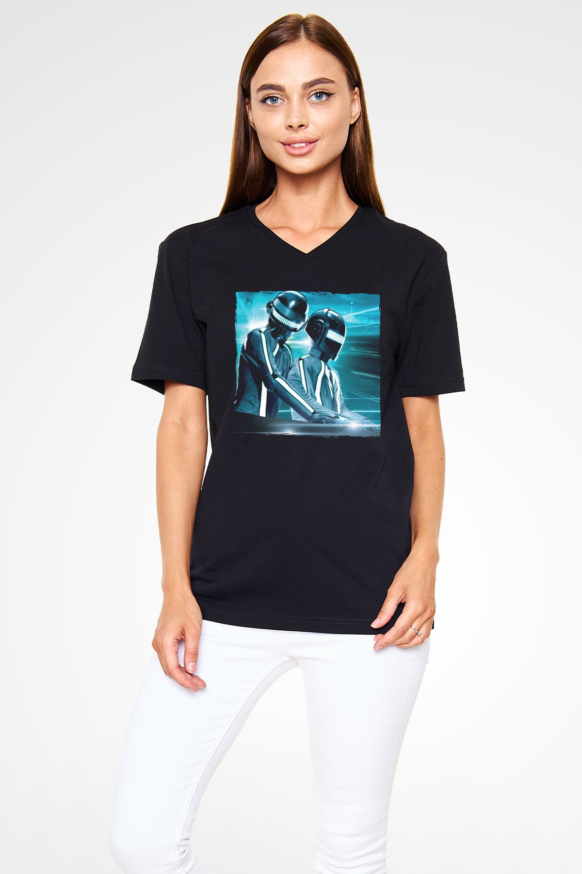 Daft Punk Siyah Unisex V Yaka Tişört