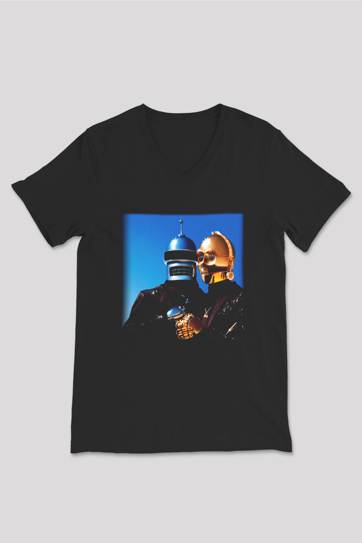 Daft Punk Siyah Unisex V Yaka Tişört T-Shirt