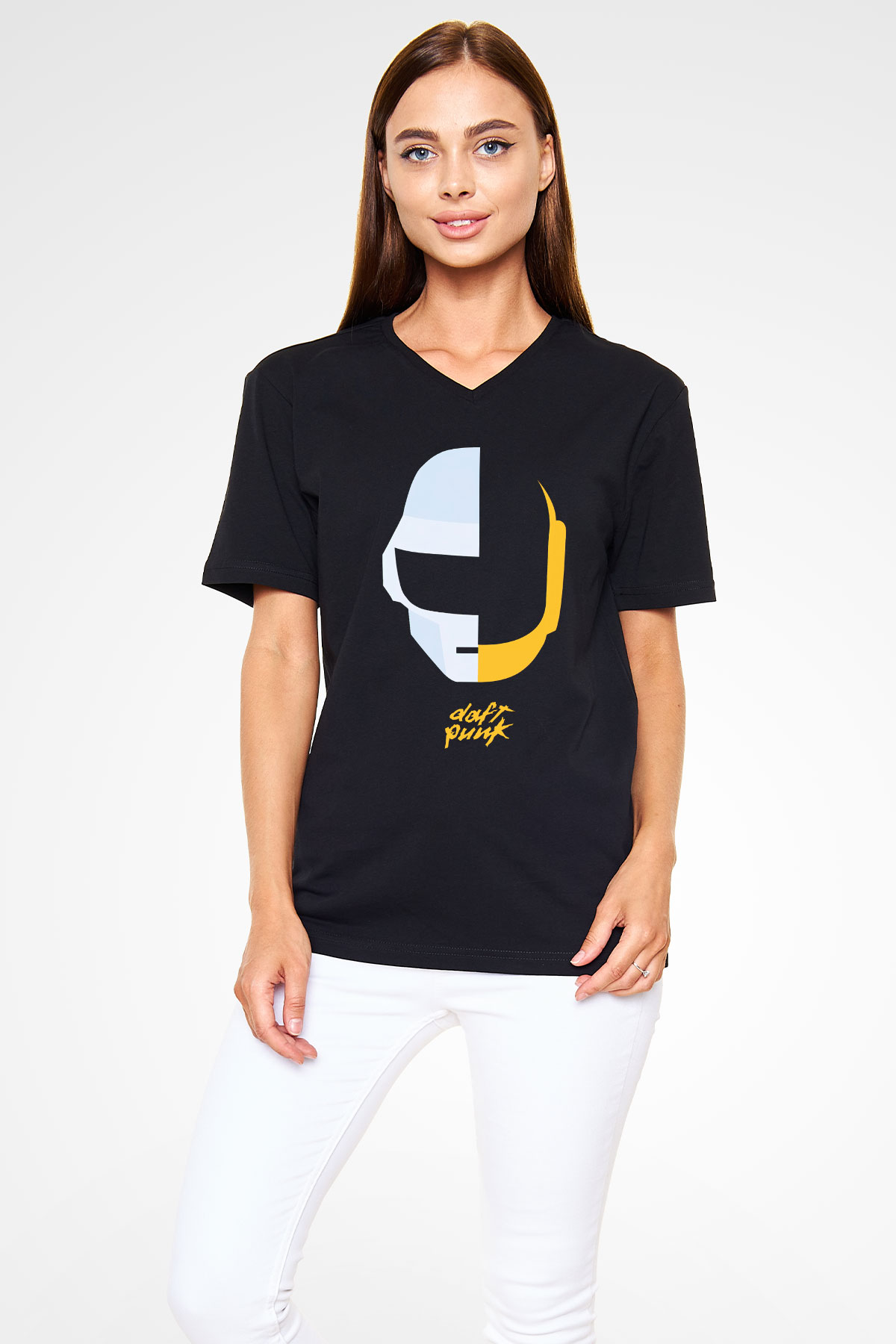 Daft Punk Siyah Unisex V Yaka Tişört T-Shirt