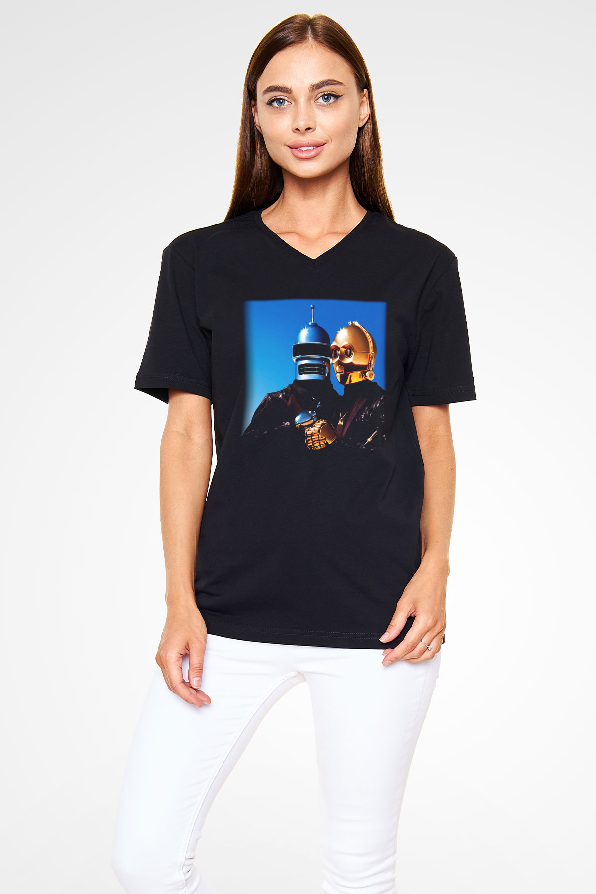 Daft Punk Siyah Unisex V Yaka Tişört T-Shirt