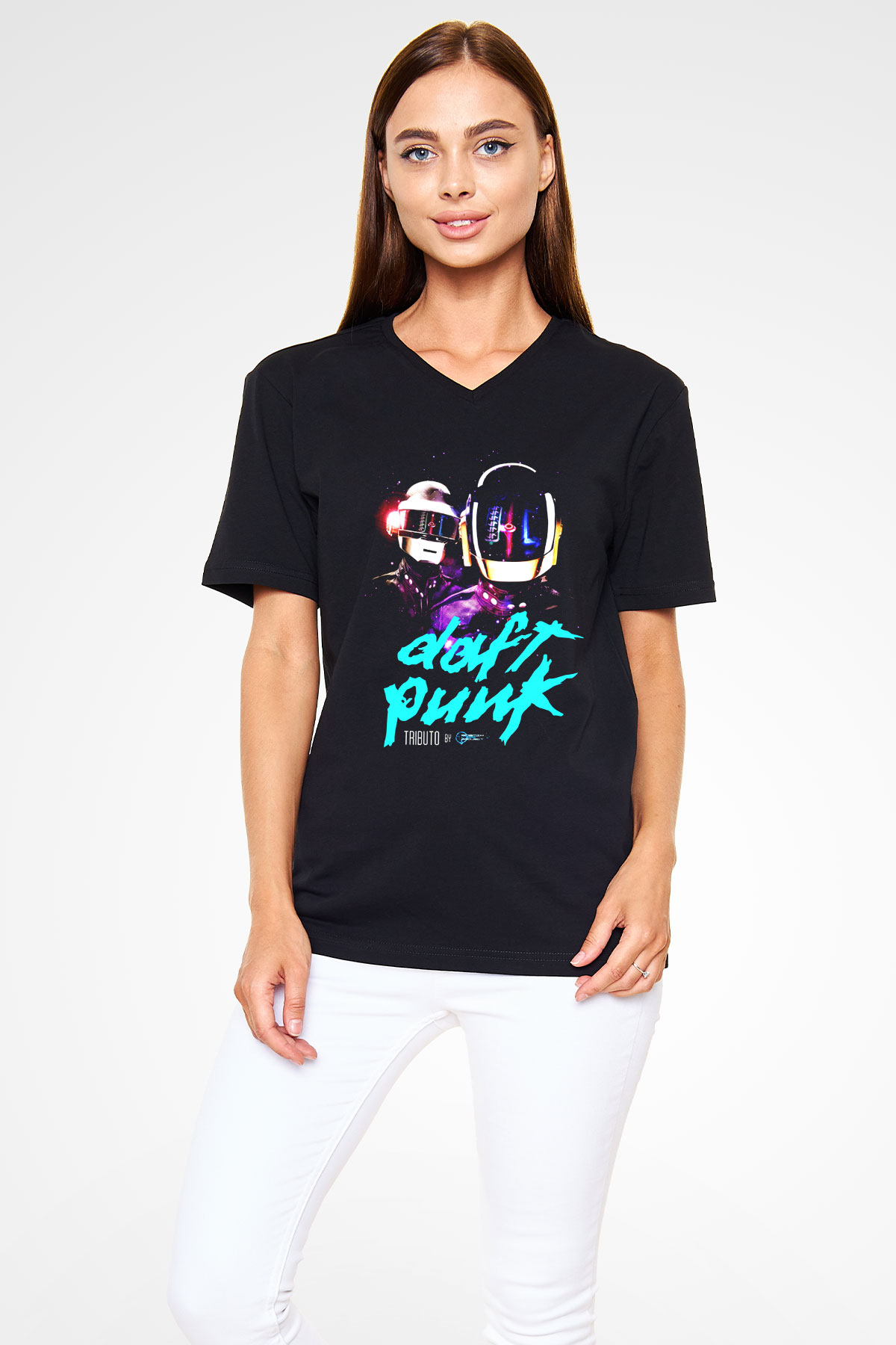 Daft Punk Siyah Unisex V Yaka Tişört T-Shirt