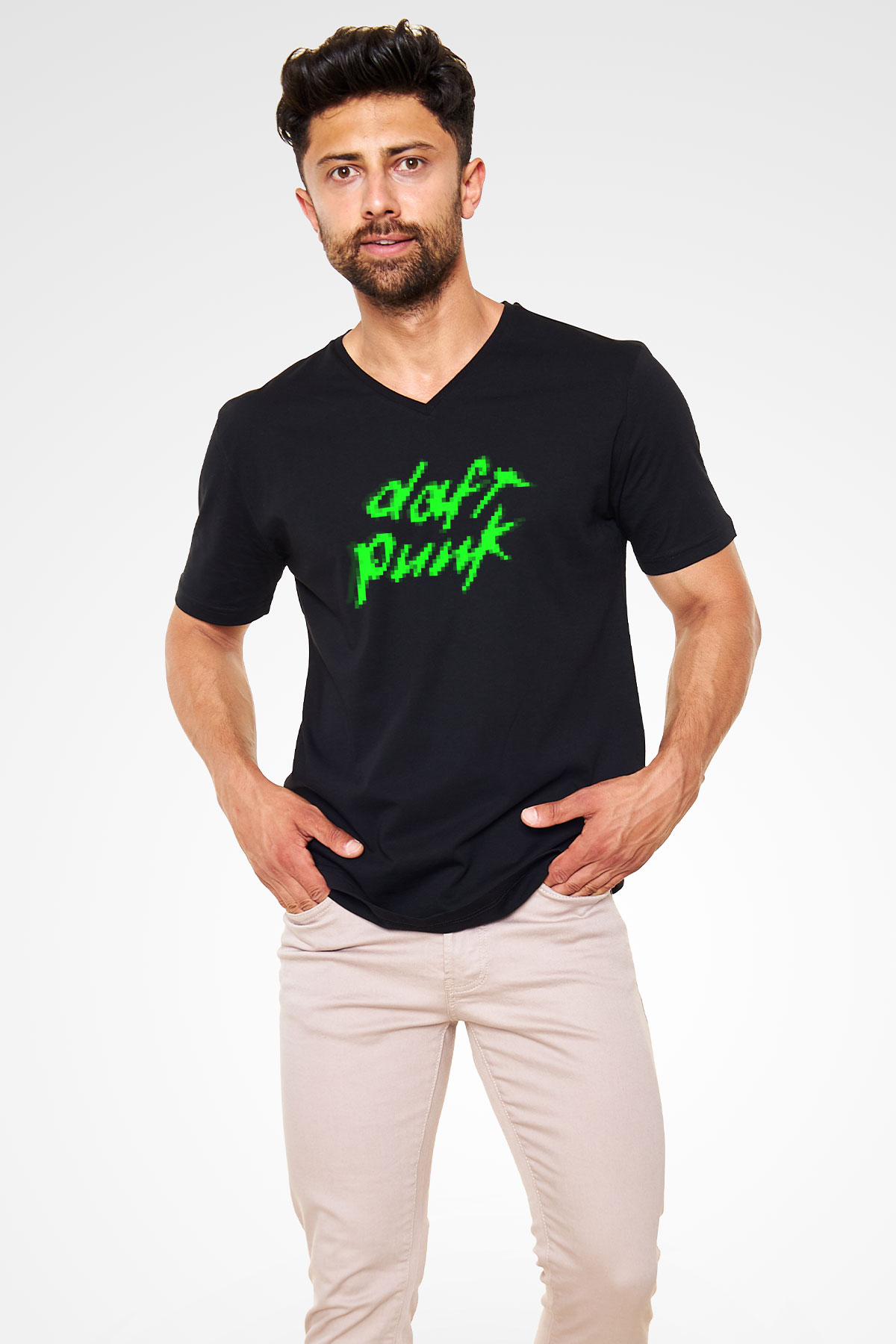 Daft Punk Siyah Unisex V Yaka Tişört T-Shirt