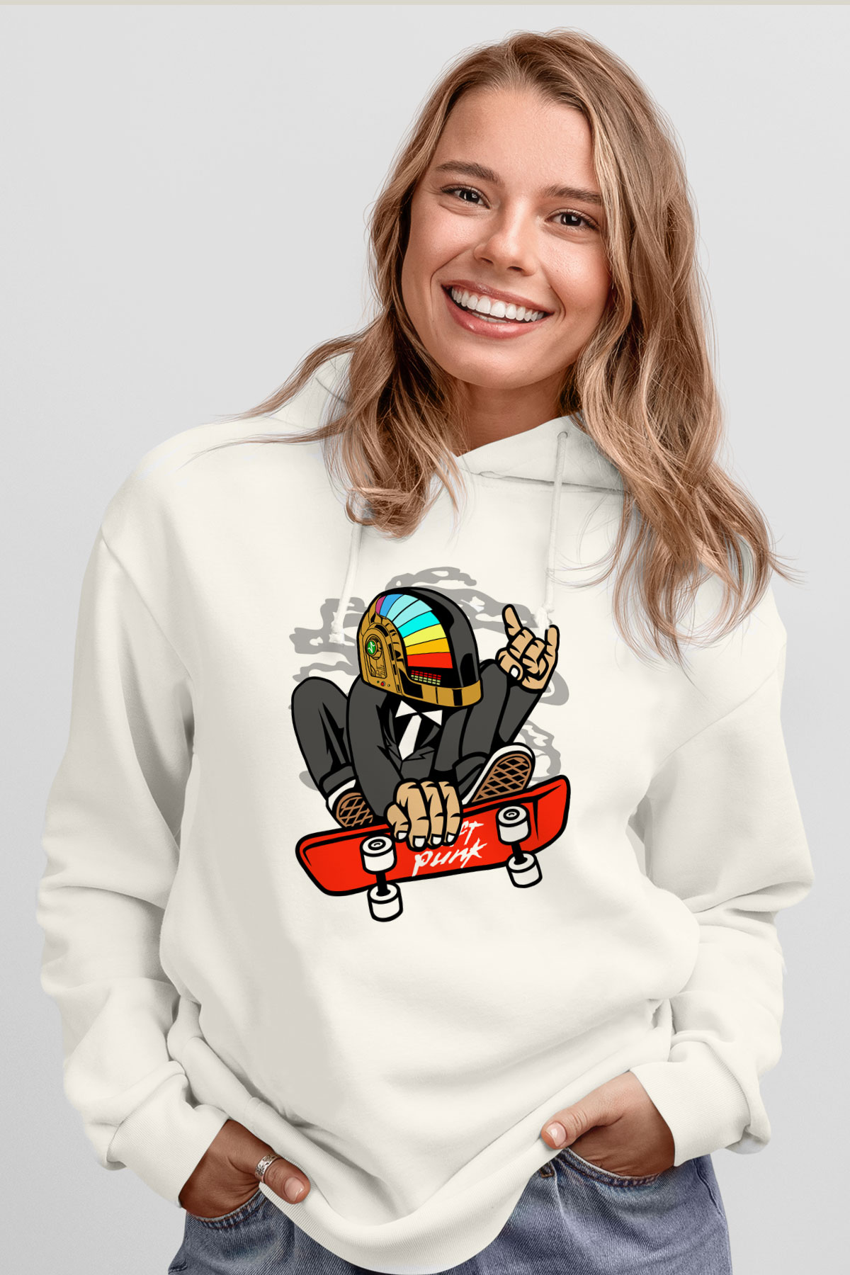 Daftpunk Skater Baskılı Unisex Beyaz Hoodie