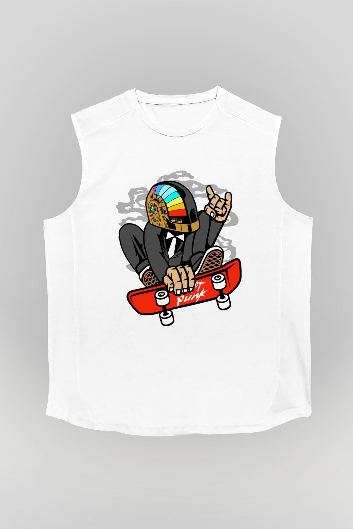 Daftpunk Skater Baskılı Unisex Beyaz Kolsuz Tişört