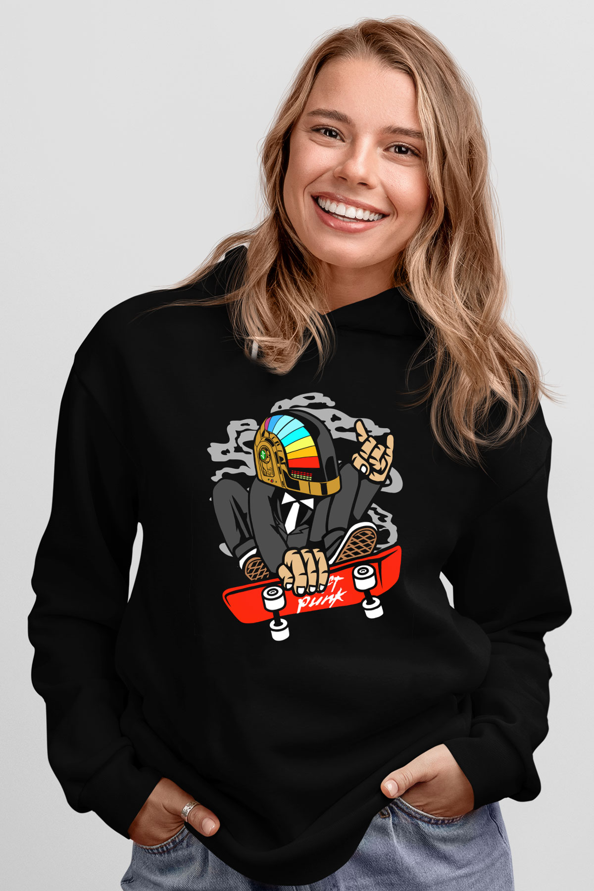 Daftpunk Skater Baskılı Unisex Siyah Hoodie