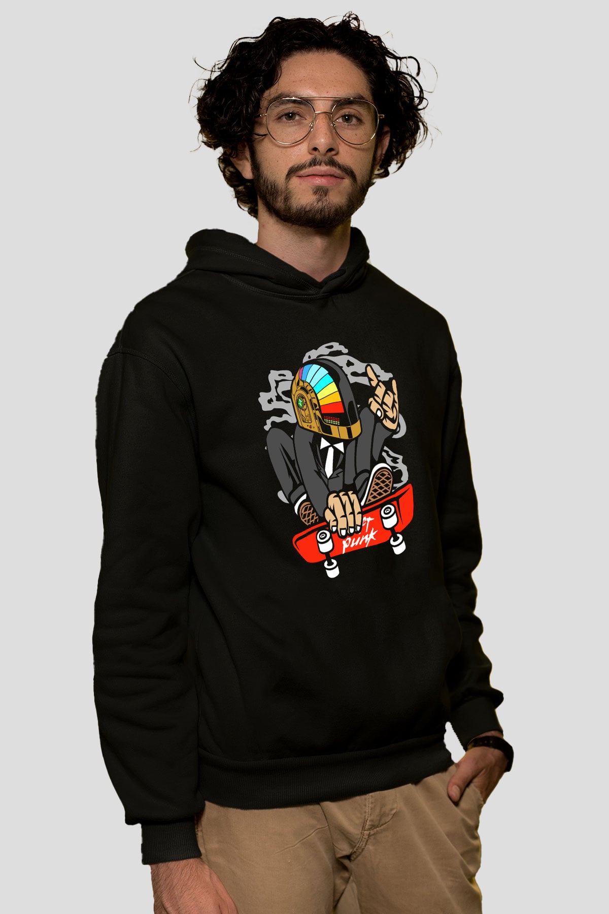 Daftpunk Skater Baskılı Unisex Siyah Hoodie