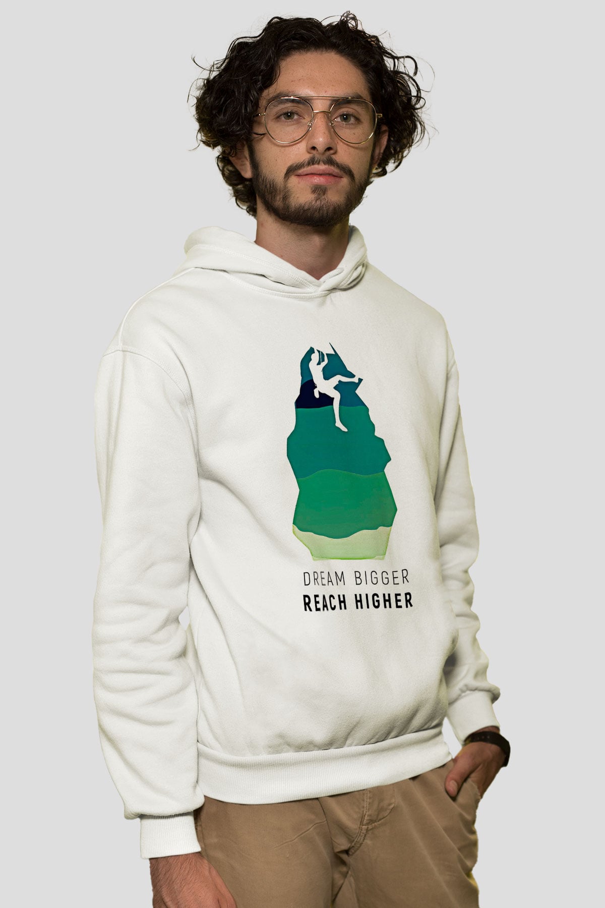 Dağcılık Baskılı Unisex Ekru Hoodie