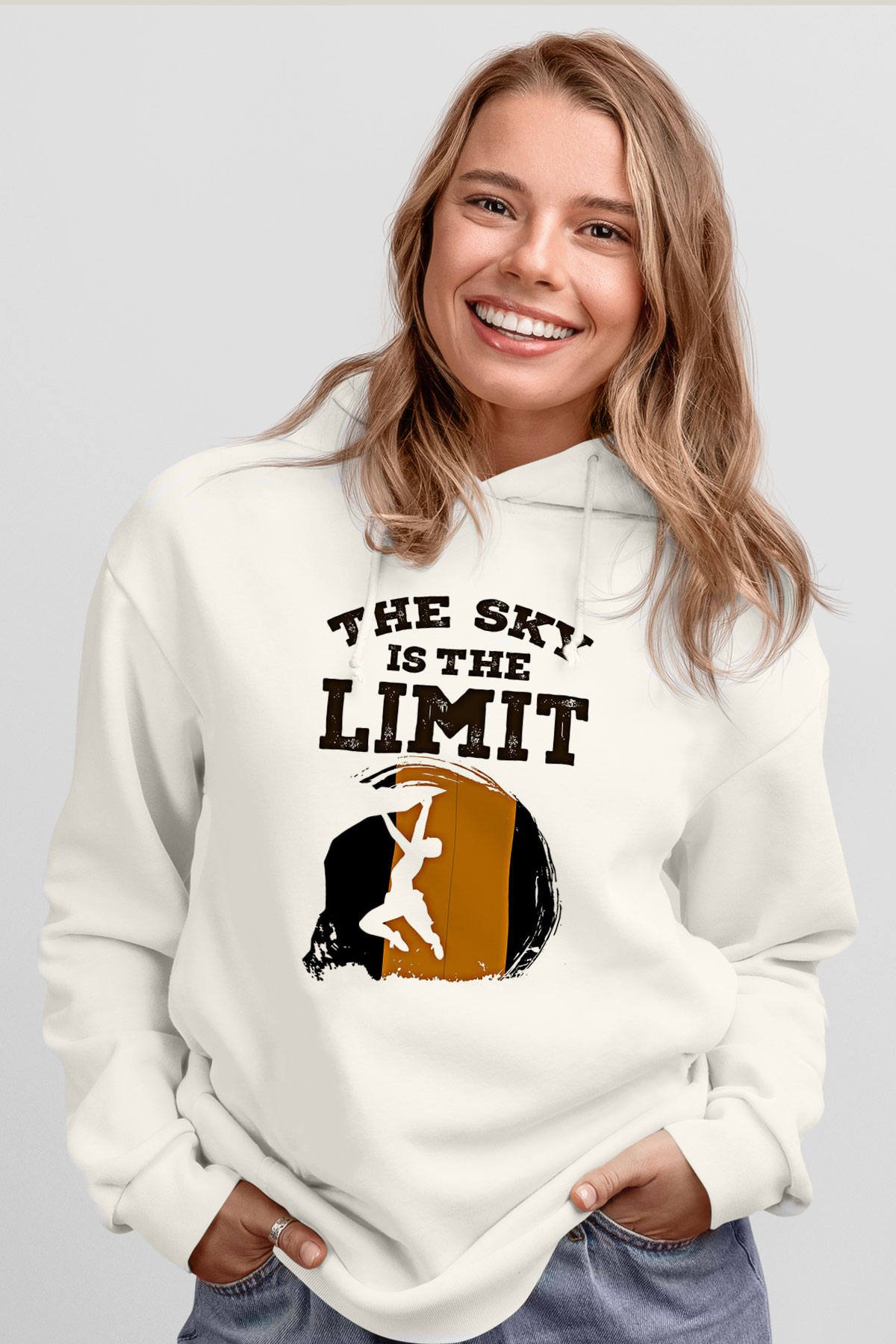 Dağcılık Baskılı Unisex Ekru Hoodie