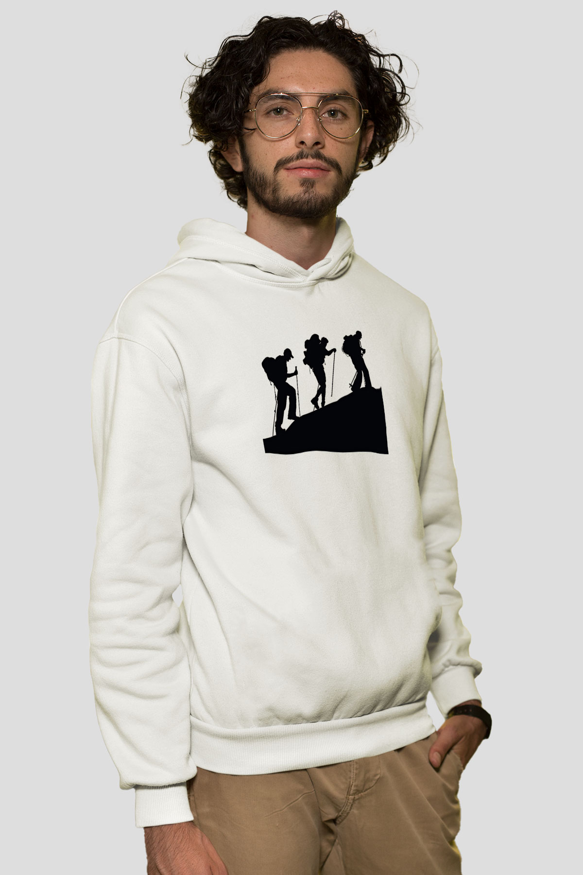 Dağcılık Baskılı Unisex Ekru Hoodie