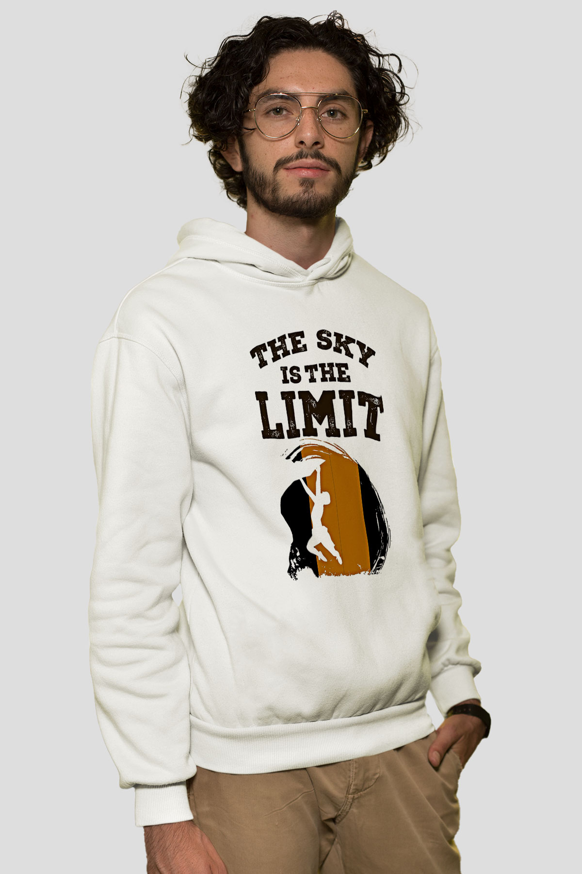 Dağcılık Baskılı Unisex Ekru Hoodie