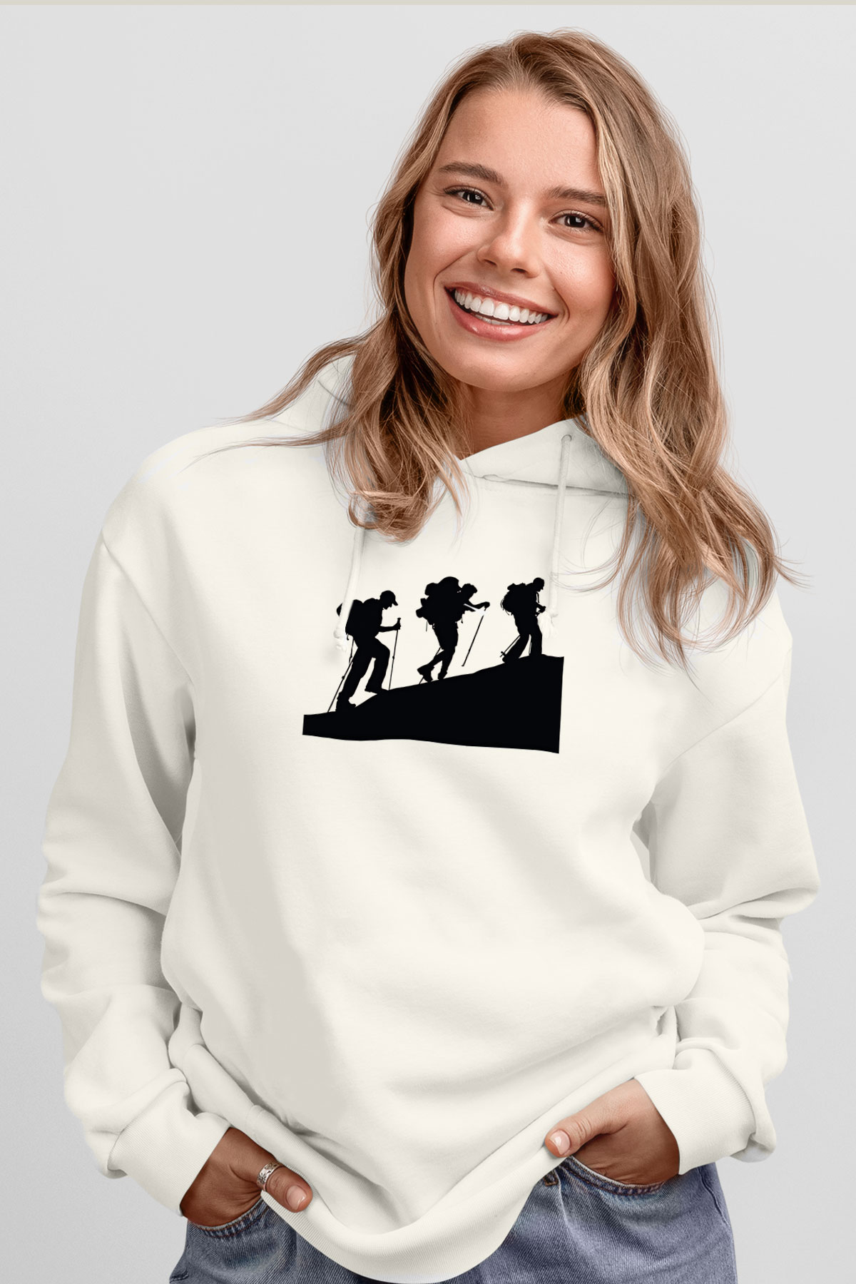 Dağcılık Baskılı Unisex Ekru Hoodie