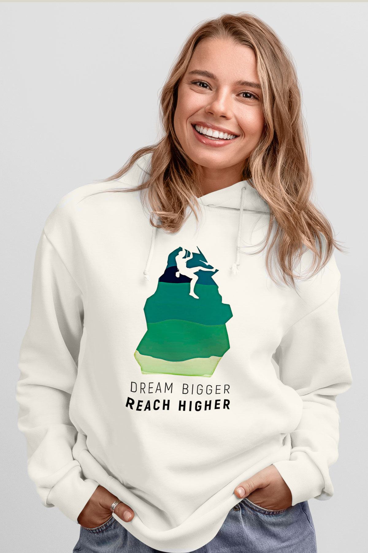 Dağcılık Baskılı Unisex Ekru Hoodie