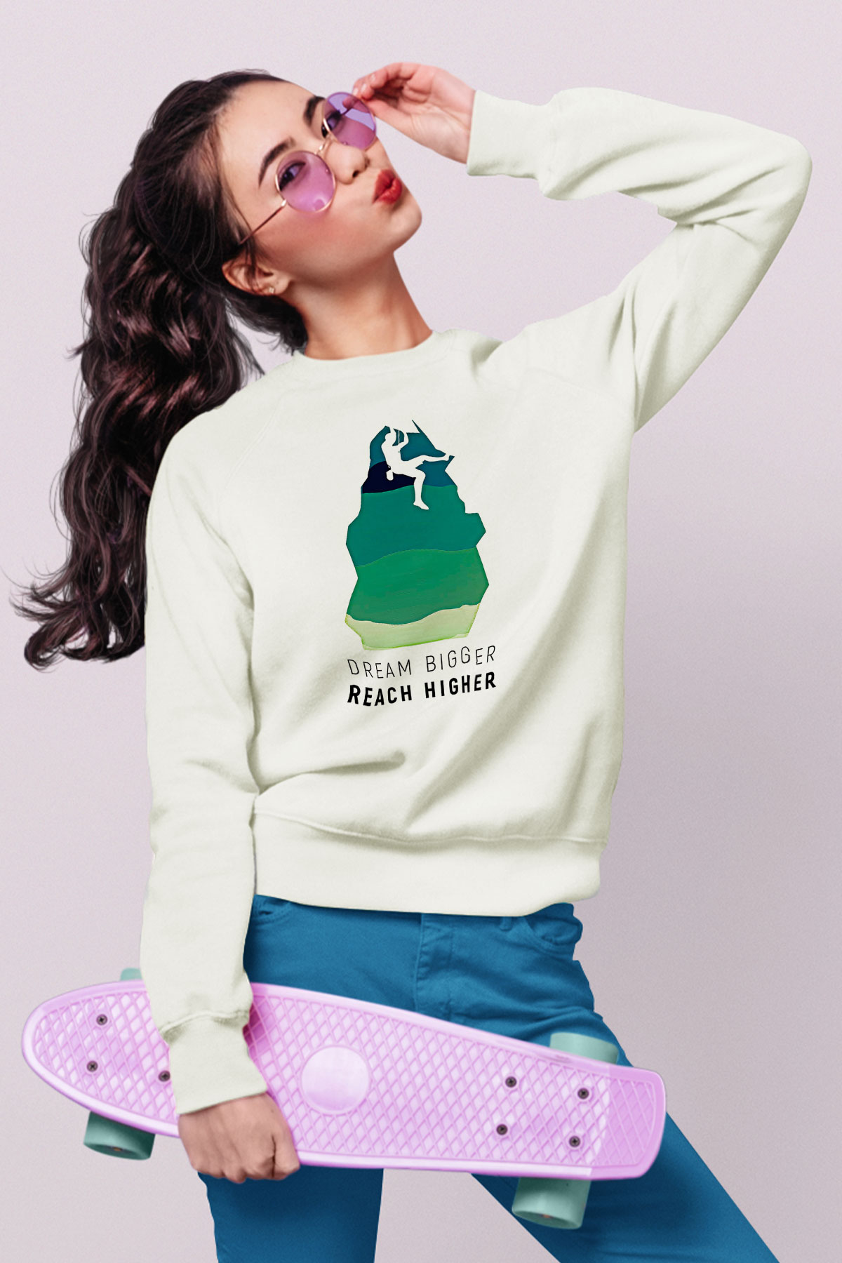 Dağcılık Baskılı Unisex Ekru Sweatshirt
