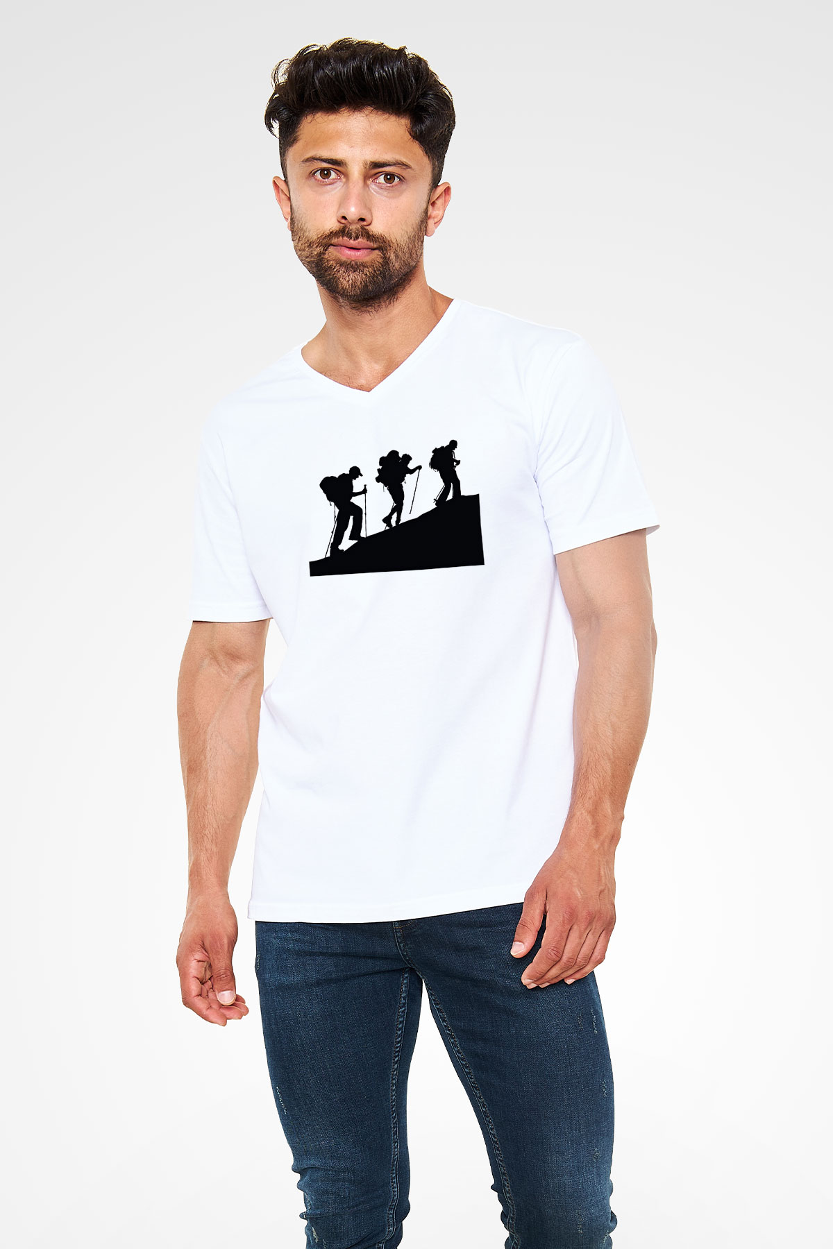 Dağcılık Baskılı Unisex V Yaka Tişört - Tshirt