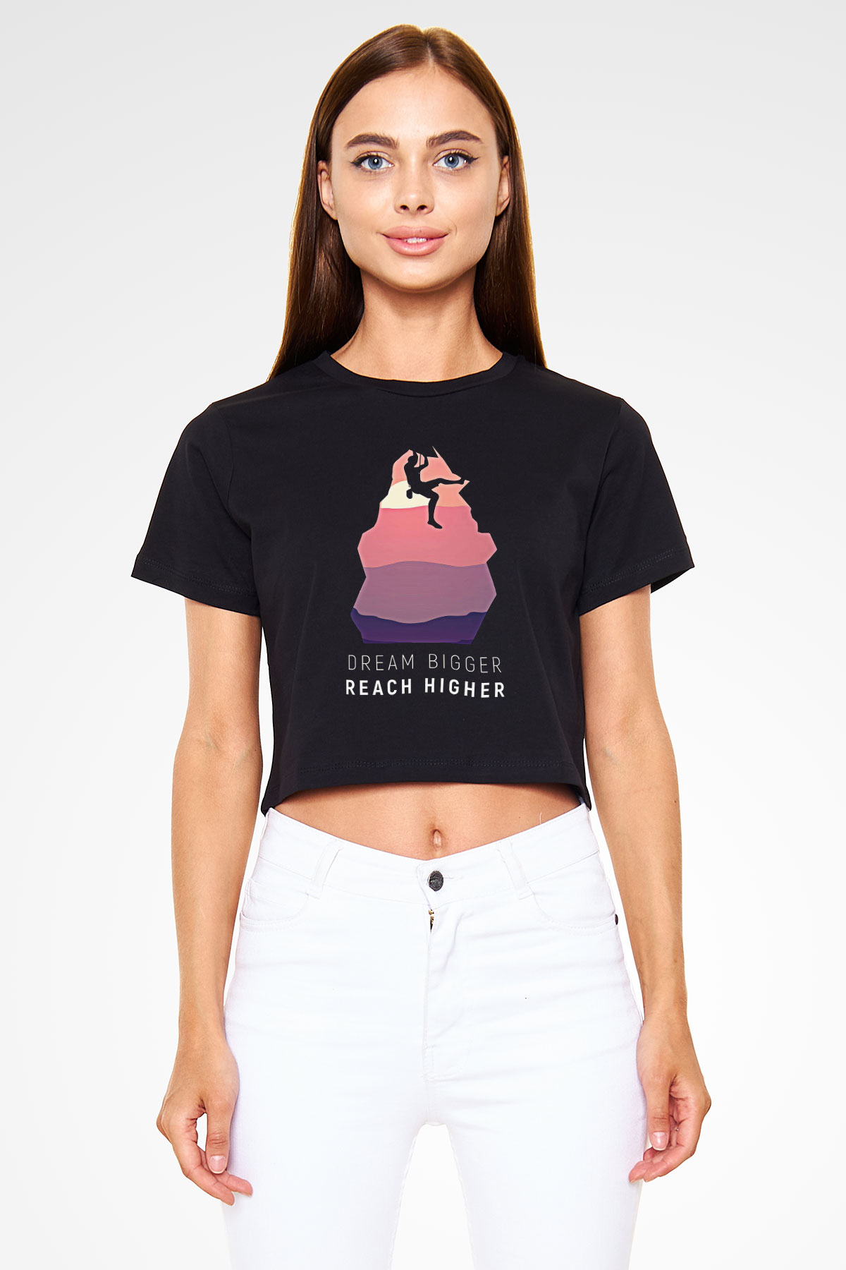 Dağcılık - Mountaineering Baskılı Crop Top Siyah Kadın Tişört - Tshirt