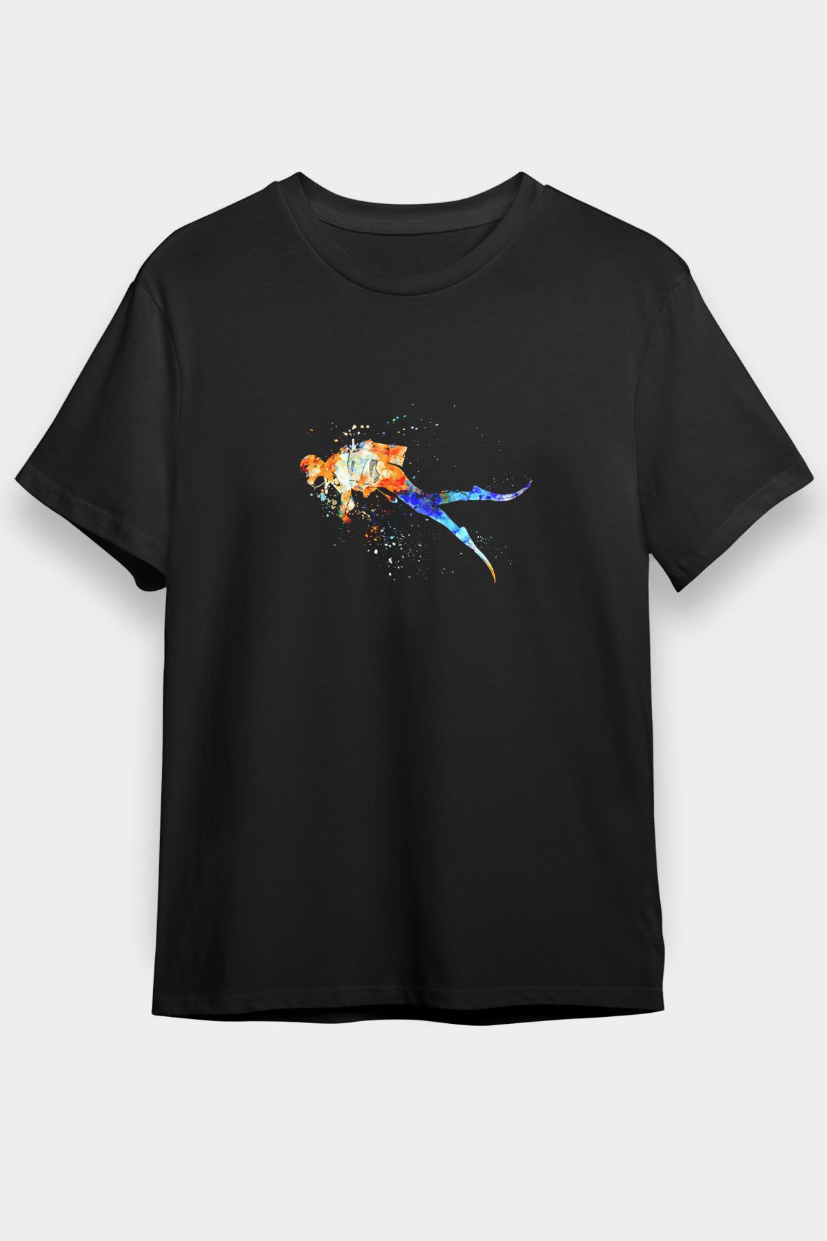 Dalgıçlık Baskılı Unisex Siyah Tişört - Tshirt
