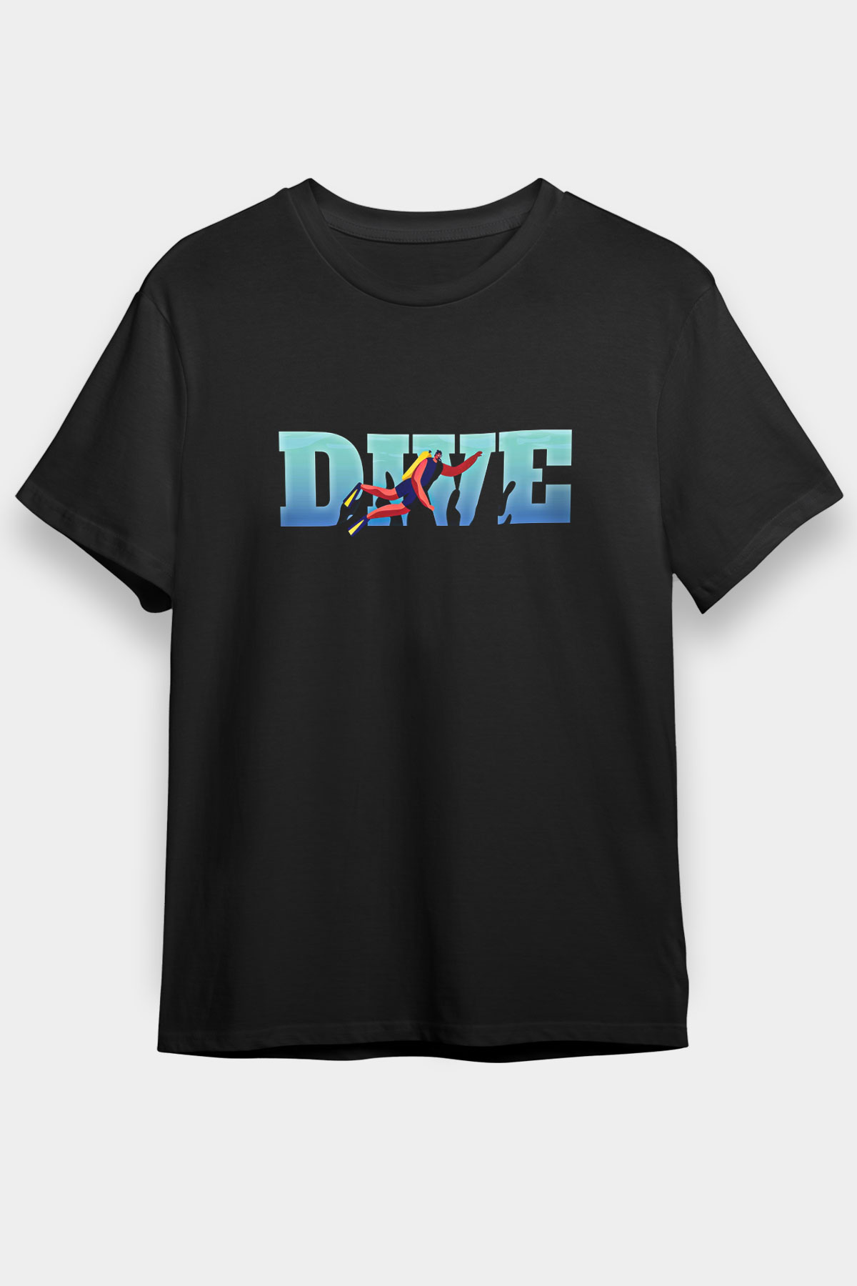 Dalgıçlık Baskılı Unisex Siyah Tişört - Tshirt