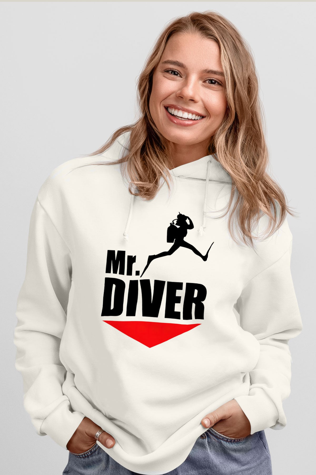 Dalgıç Beyaz Unisex Hoodie