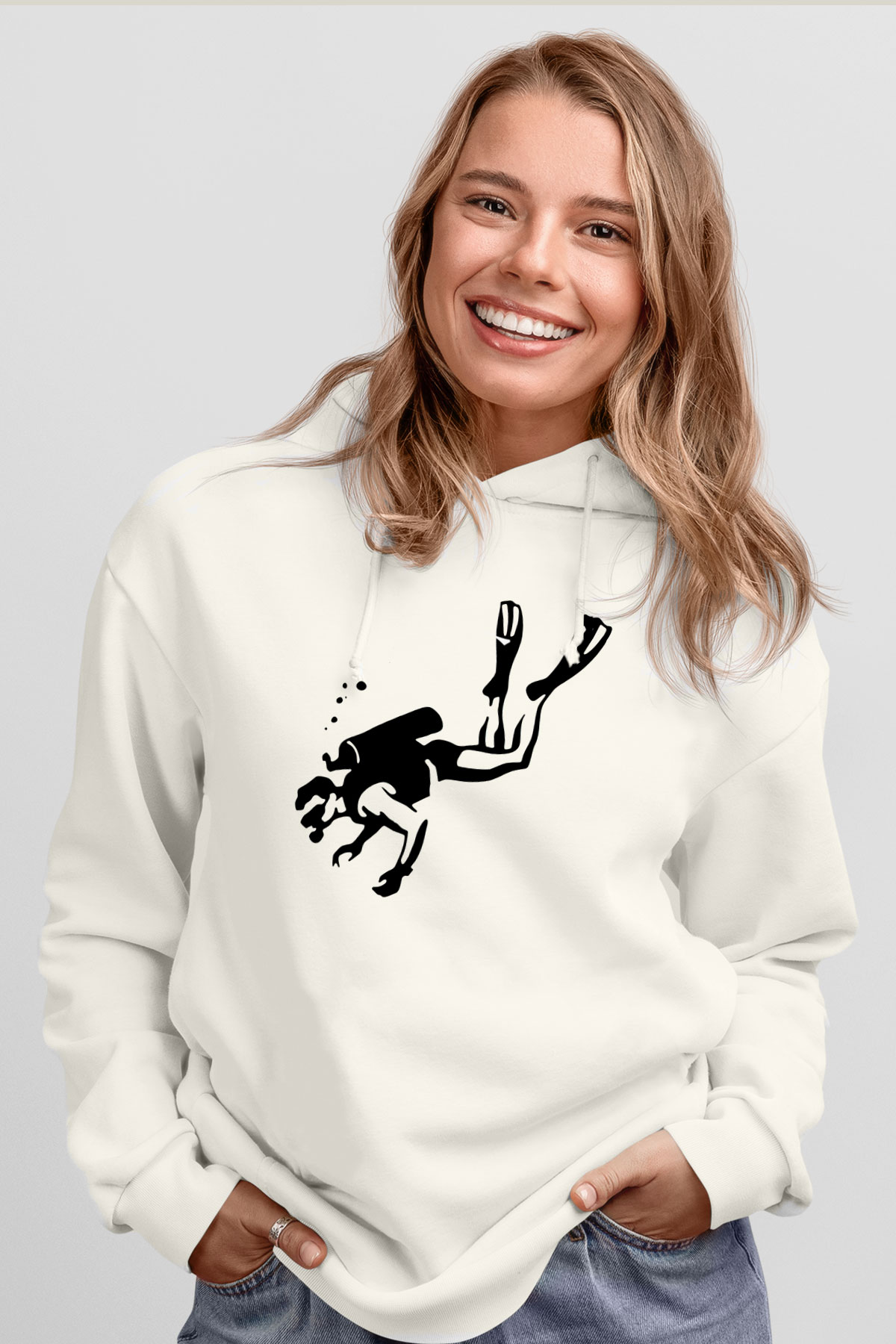 Dalgıç Beyaz Unisex Hoodie