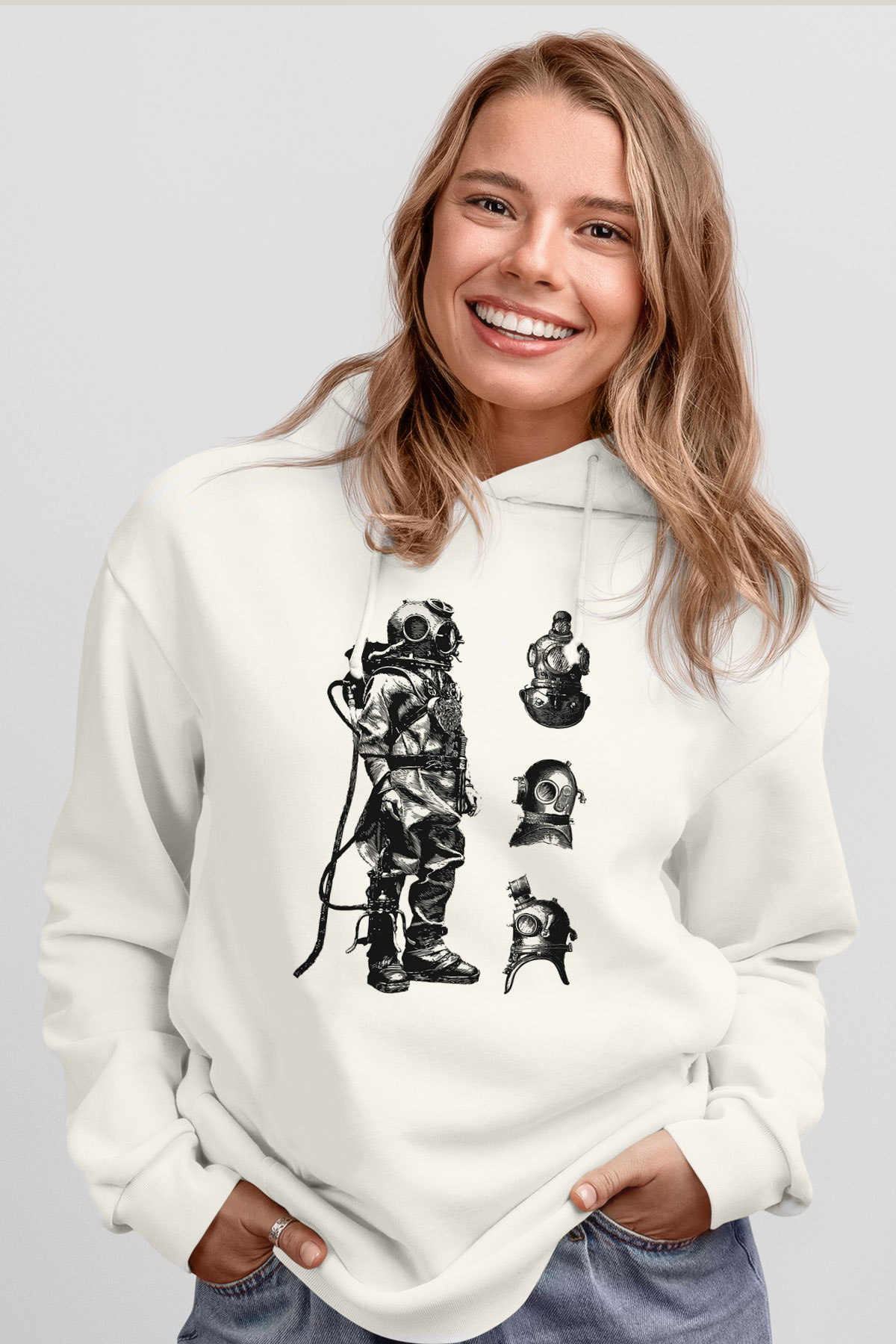 Dalgıç Beyaz Unisex Hoodie