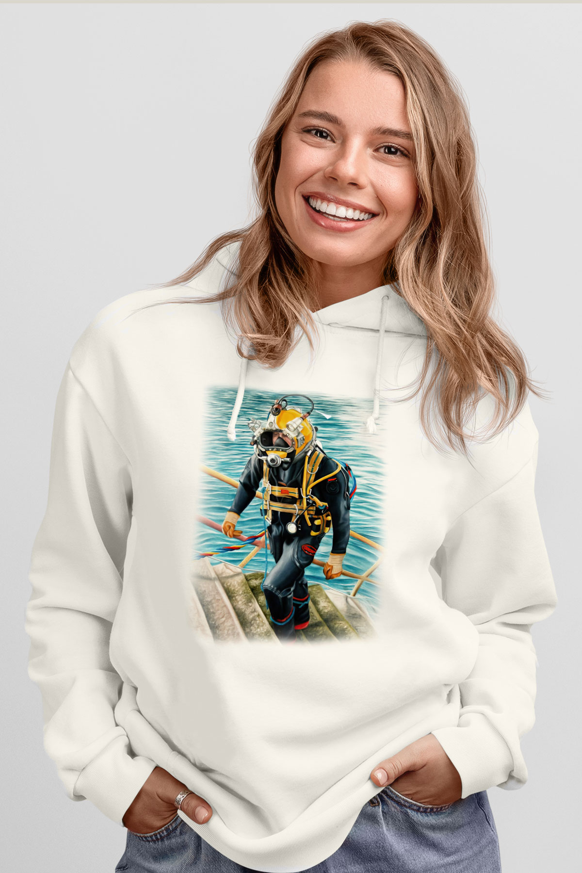 Dalgıç Beyaz Unisex Hoodie