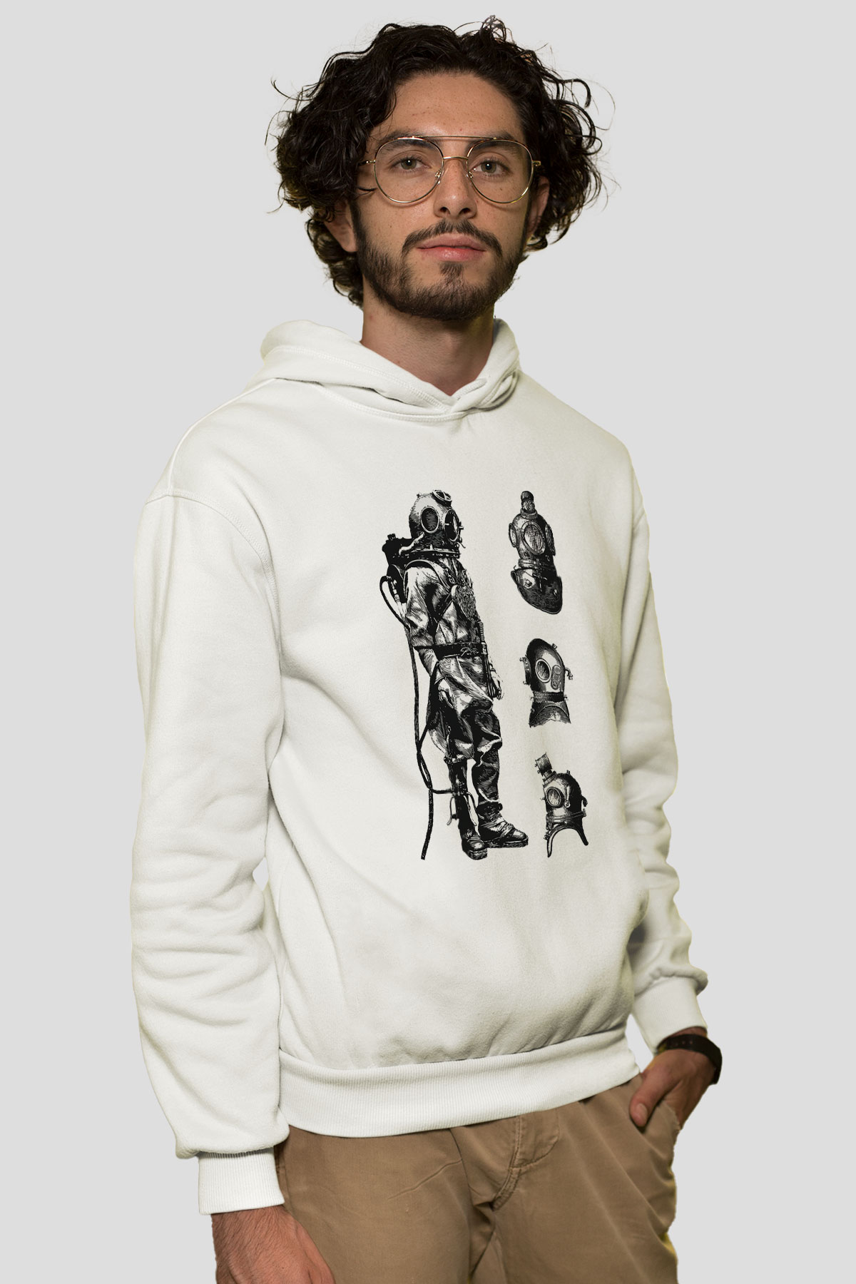Dalgıç Beyaz Unisex Hoodie
