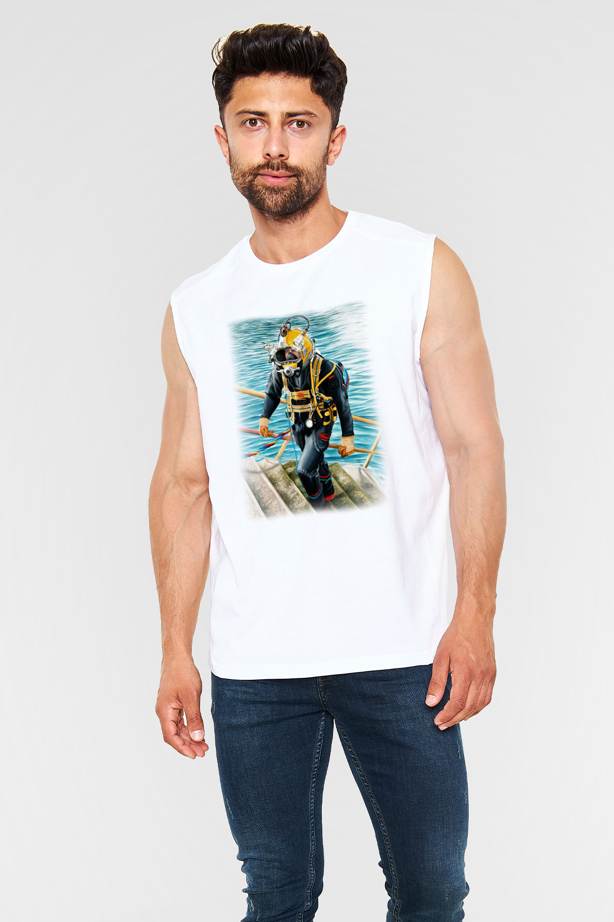 Dalgıç Beyaz Unisex Kolsuz Tişört