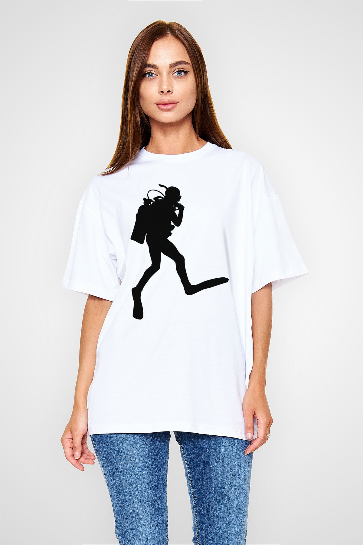 Dalgıç Beyaz Unisex Oversize Tişört T-Shirt