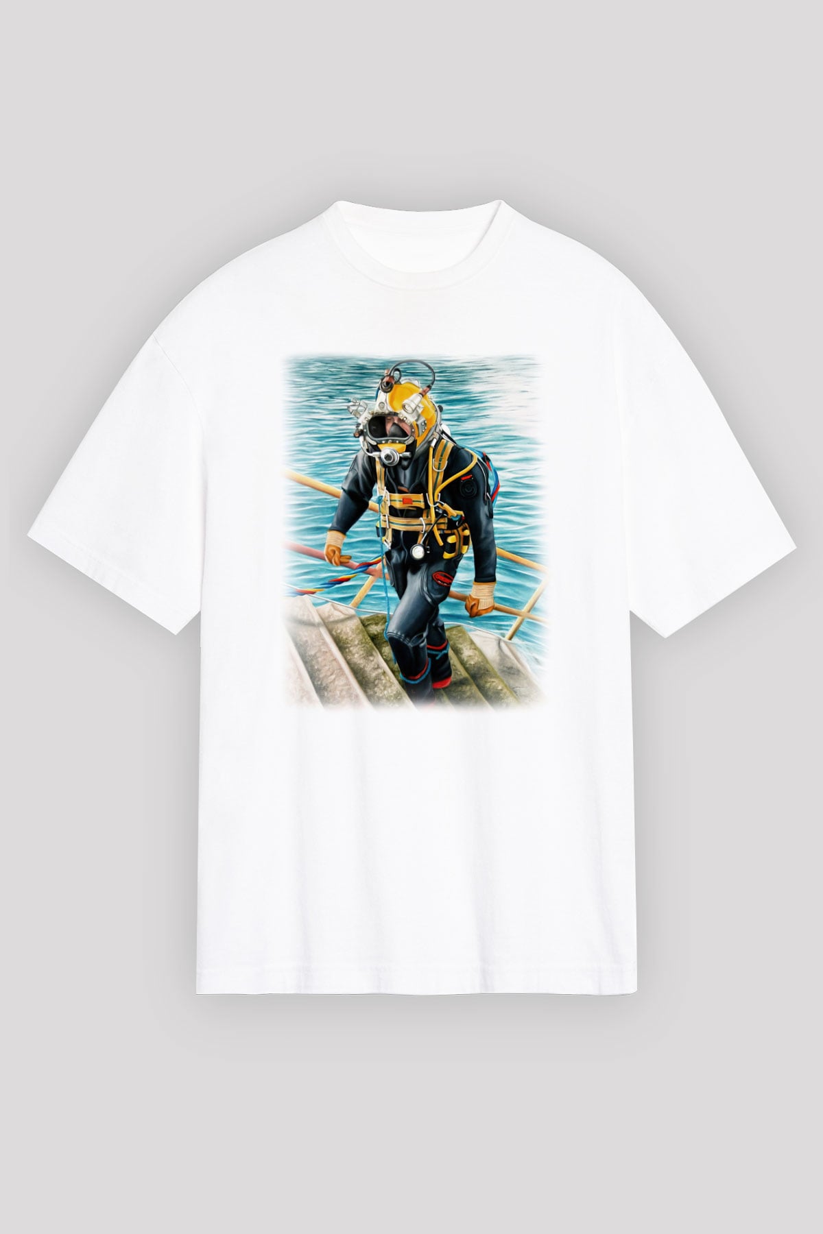 Dalgıç Beyaz Unisex Oversize Tişört T-Shirt