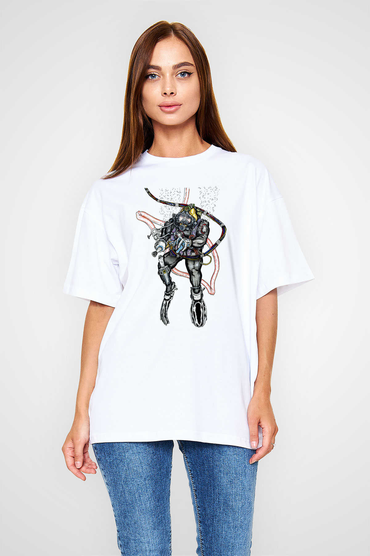 Dalgıç Beyaz Unisex Oversize Tişört T-Shirt
