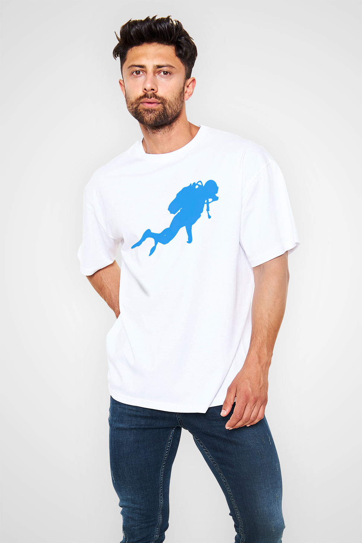 Dalgıç Beyaz Unisex Oversize Tişört T-Shirt