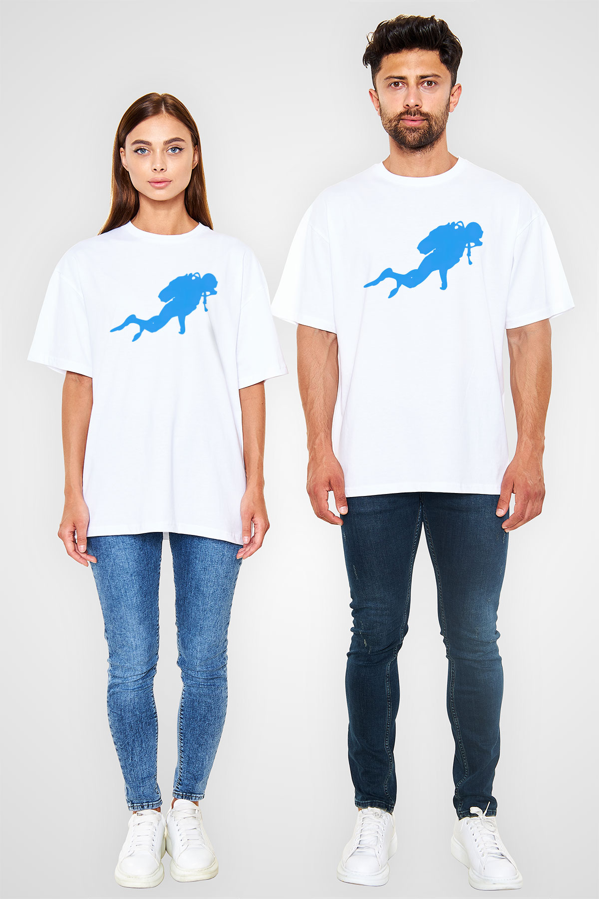 Dalgıç Beyaz Unisex Oversize Tişört T-Shirt