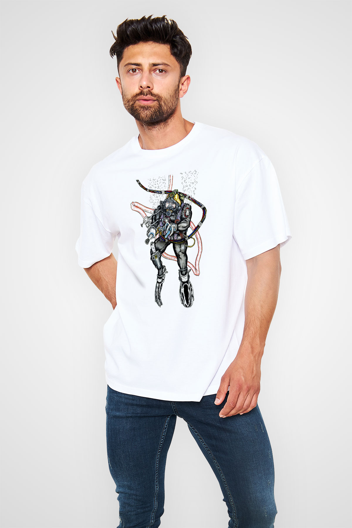 Dalgıç Beyaz Unisex Oversize Tişört T-Shirt