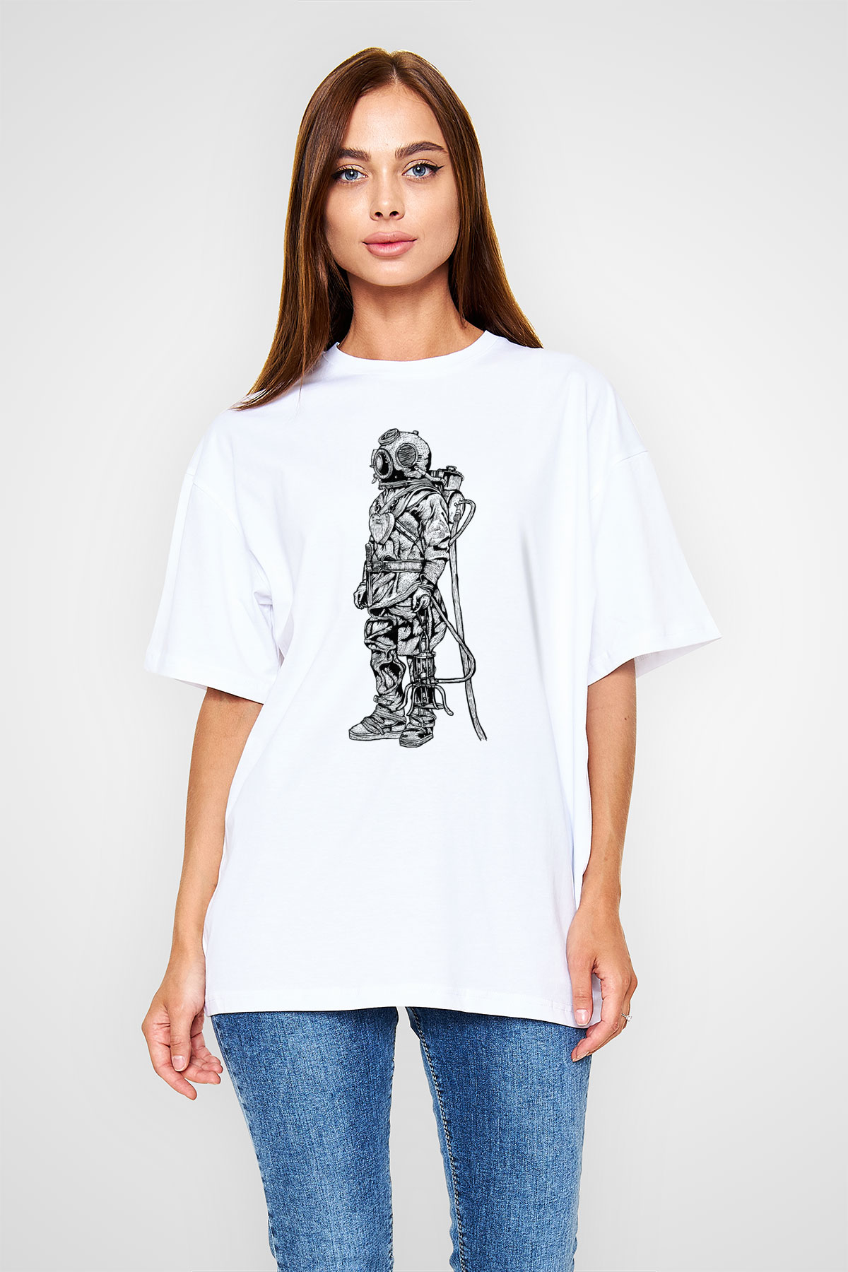 Dalgıç Beyaz Unisex Oversize Tişört T-Shirt