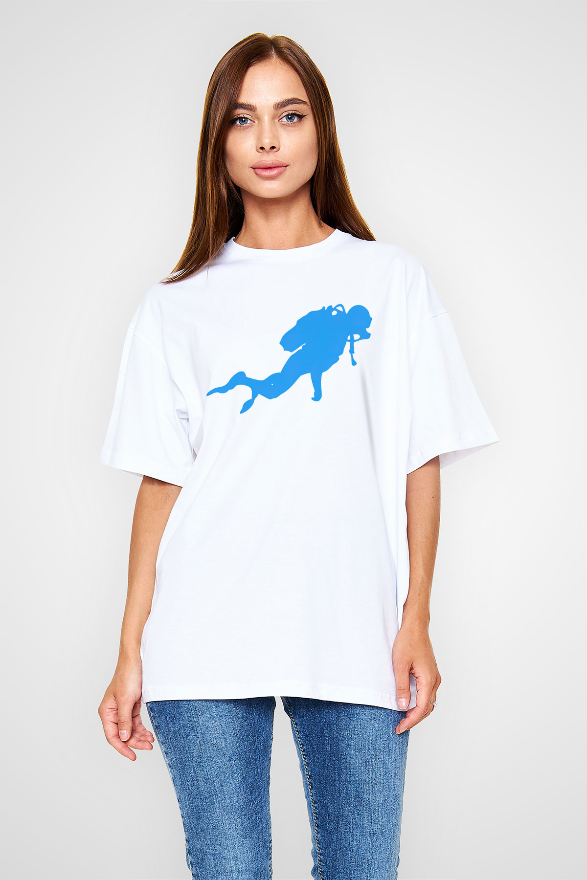 Dalgıç Beyaz Unisex Oversize Tişört T-Shirt