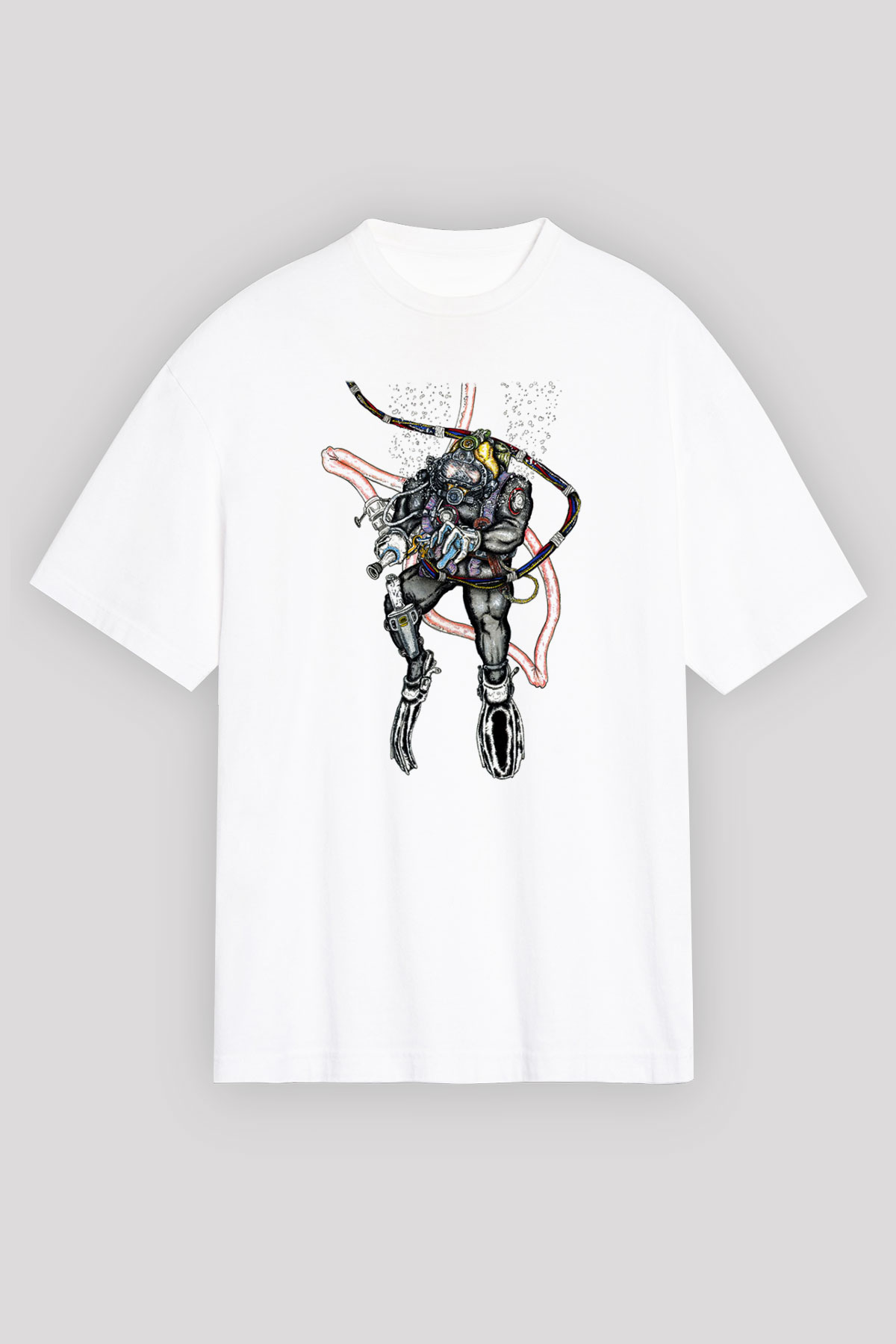 Dalgıç Beyaz Unisex Oversize Tişört T-Shirt