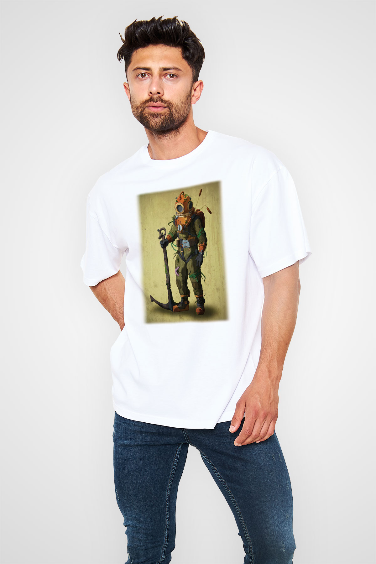 Dalgıç Beyaz Unisex Oversize Tişört T-Shirt