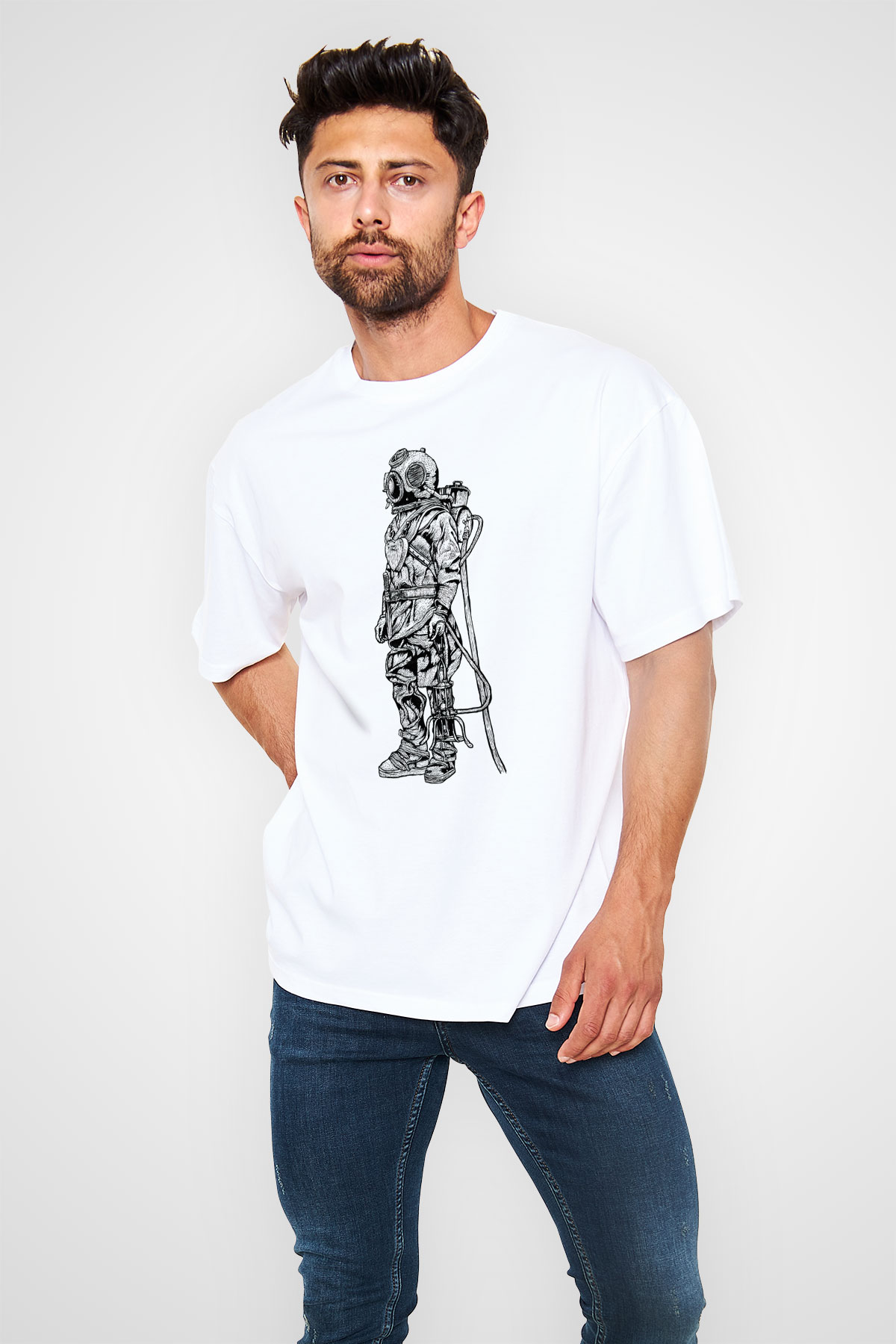 Dalgıç Beyaz Unisex Oversize Tişört T-Shirt