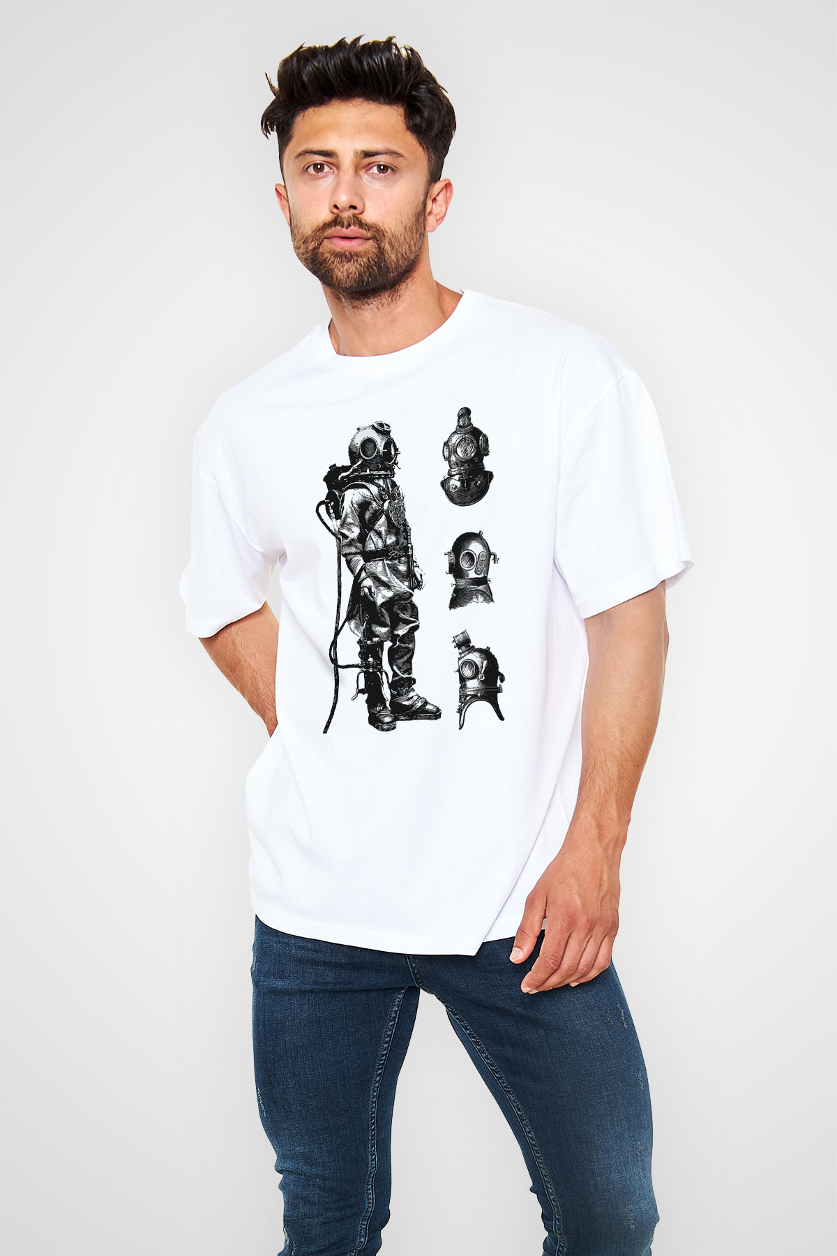Dalgıç Beyaz Unisex Oversize Tişört T-Shirt