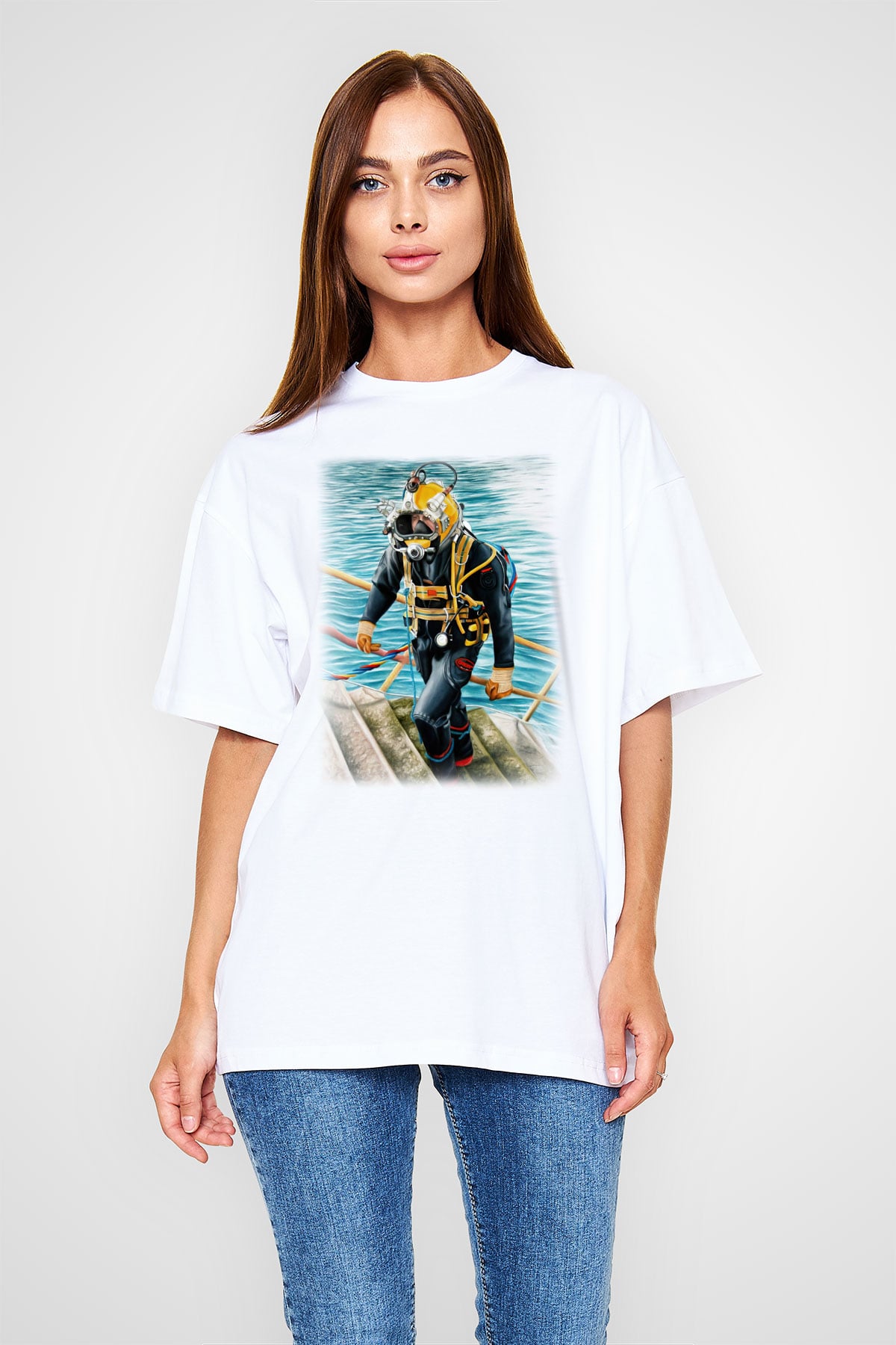 Dalgıç Beyaz Unisex Oversize Tişört T-Shirt