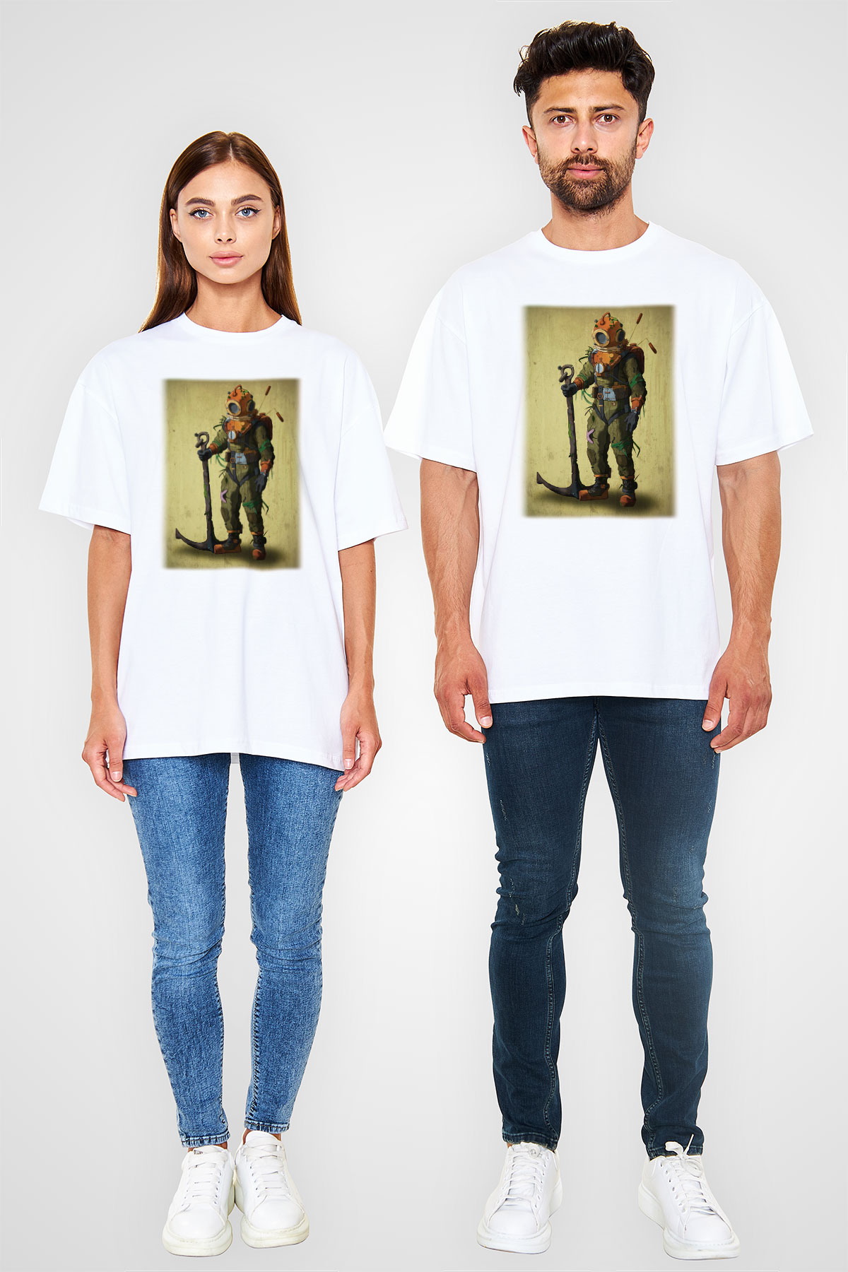 Dalgıç Beyaz Unisex Oversize Tişört T-Shirt