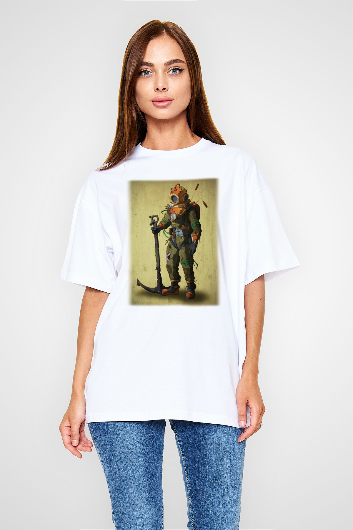Dalgıç Beyaz Unisex Oversize Tişört T-Shirt
