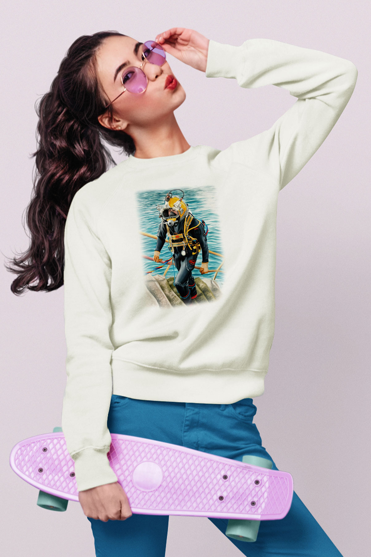 Dalgıç Beyaz Unisex Sweatshirt
