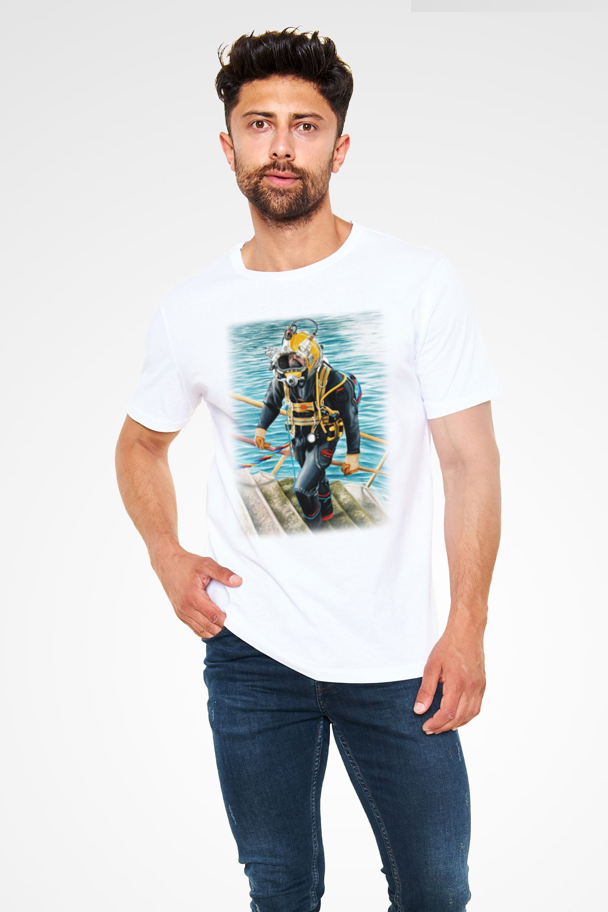Dalgıç Beyaz Unisex Tişört T-Shirt - TişörtFabrikası
