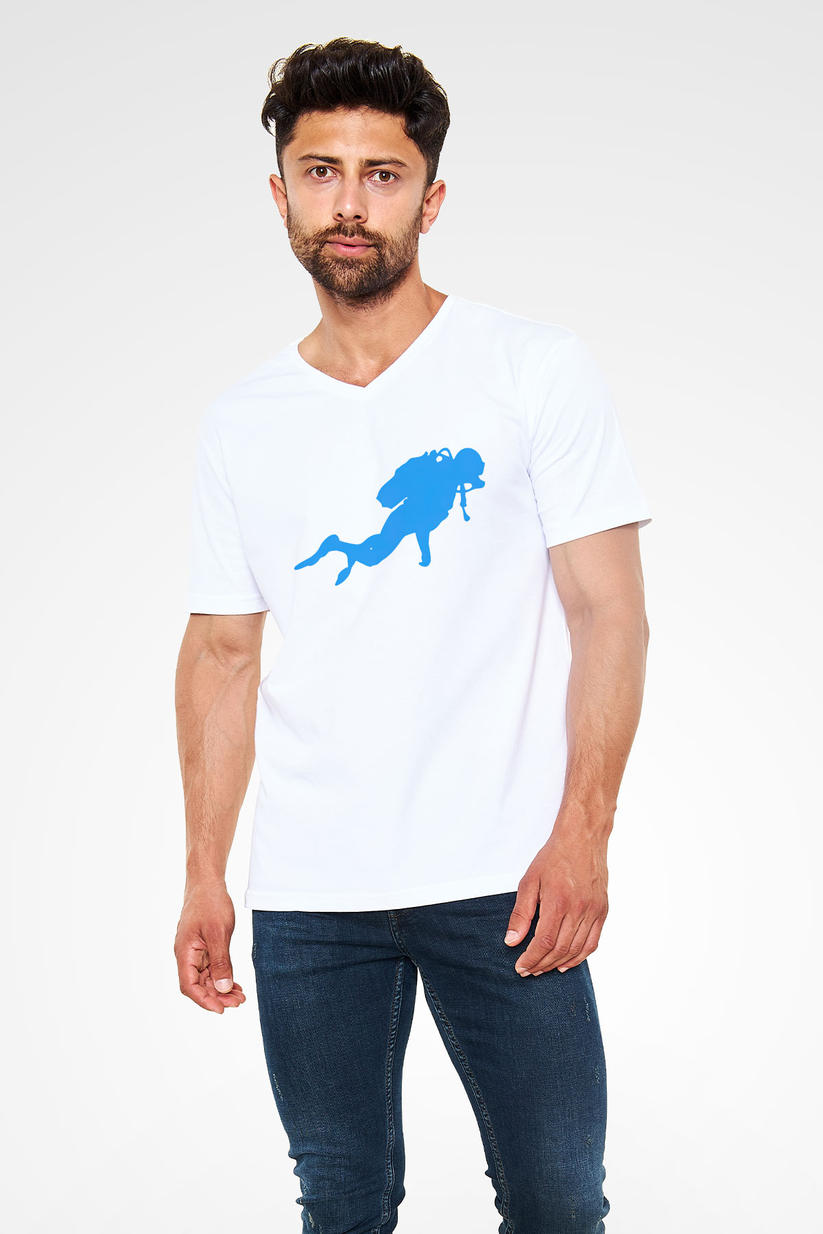 Dalgıç Beyaz Unisex V Yaka Tişört T-Shirt
