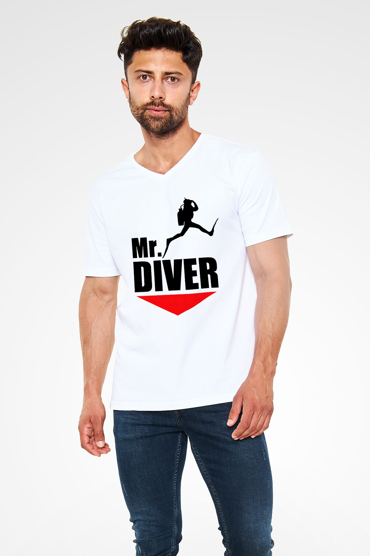 Dalgıç Beyaz Unisex V Yaka Tişört T-Shirt