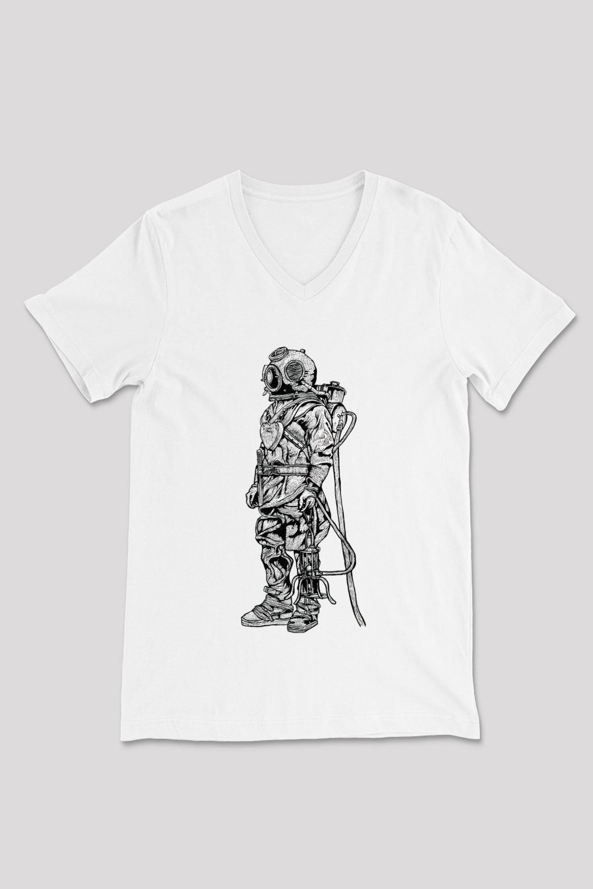 Dalgıç Beyaz Unisex V Yaka Tişört T-Shirt