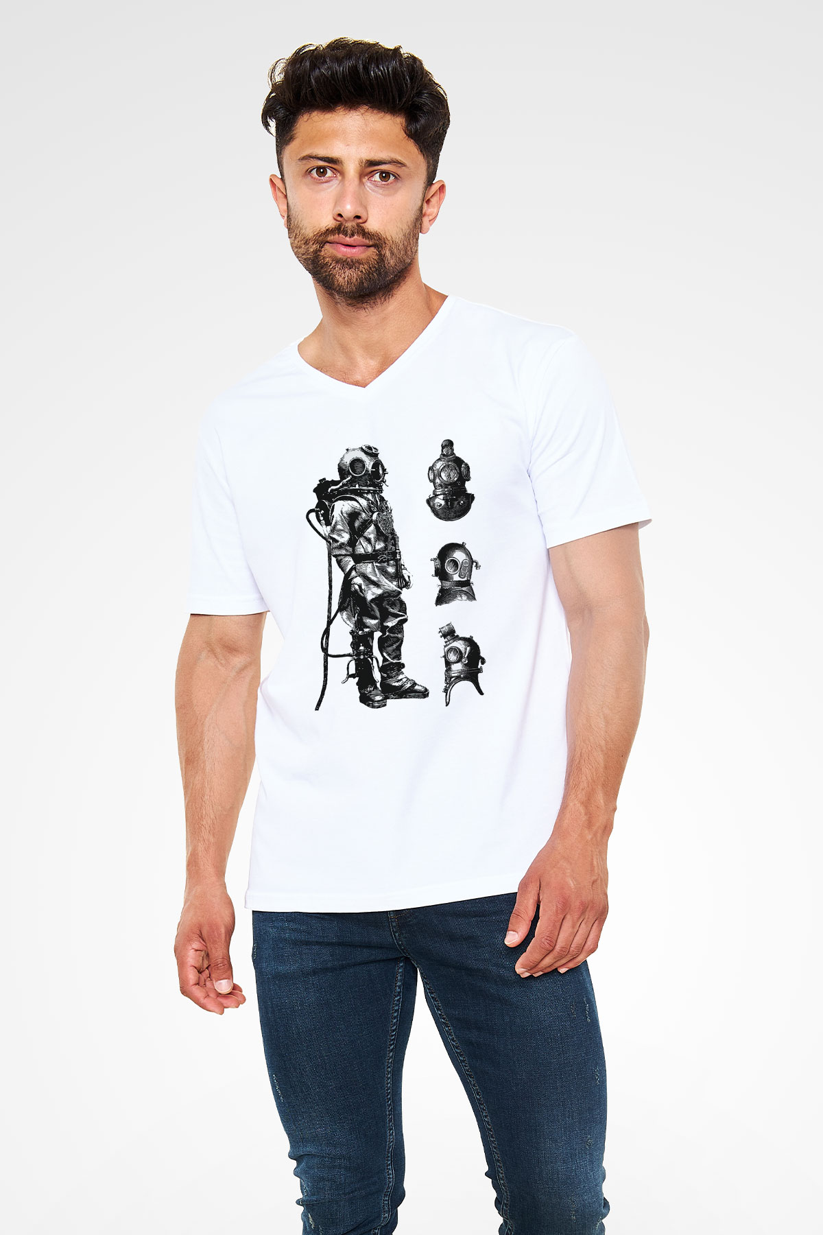 Dalgıç Beyaz Unisex V Yaka Tişört T-Shirt